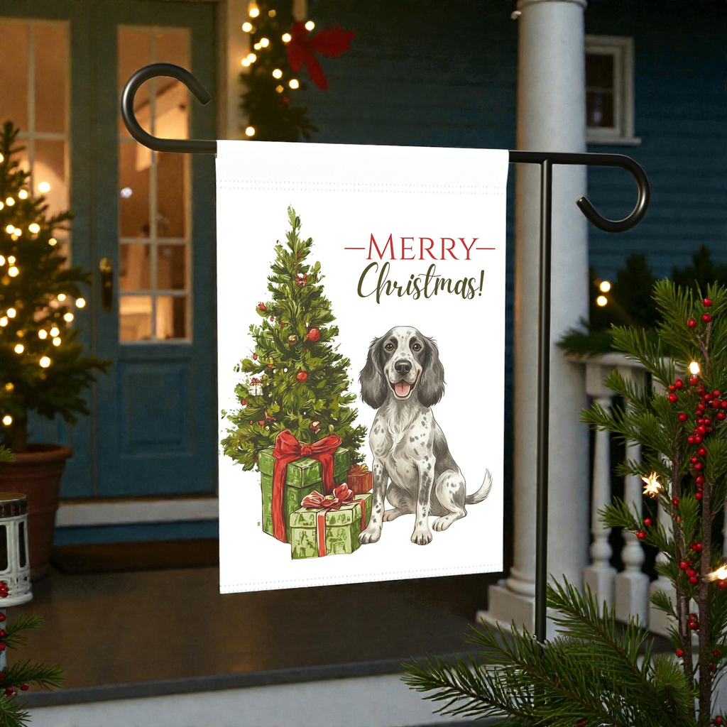 Blue Picardy Spaniel and Present Christmas Garden Flag - outdoor display - Dragonfire Gardens