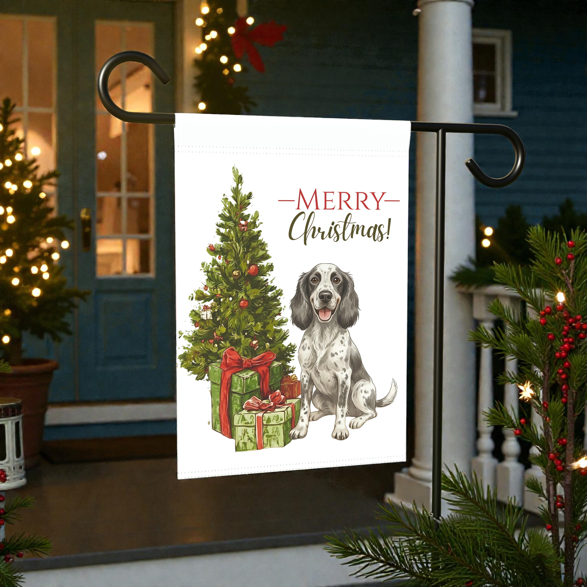 Blue Picardy Spaniel and Present Christmas Garden Flag - outdoor display - Dragonfire Gardens
