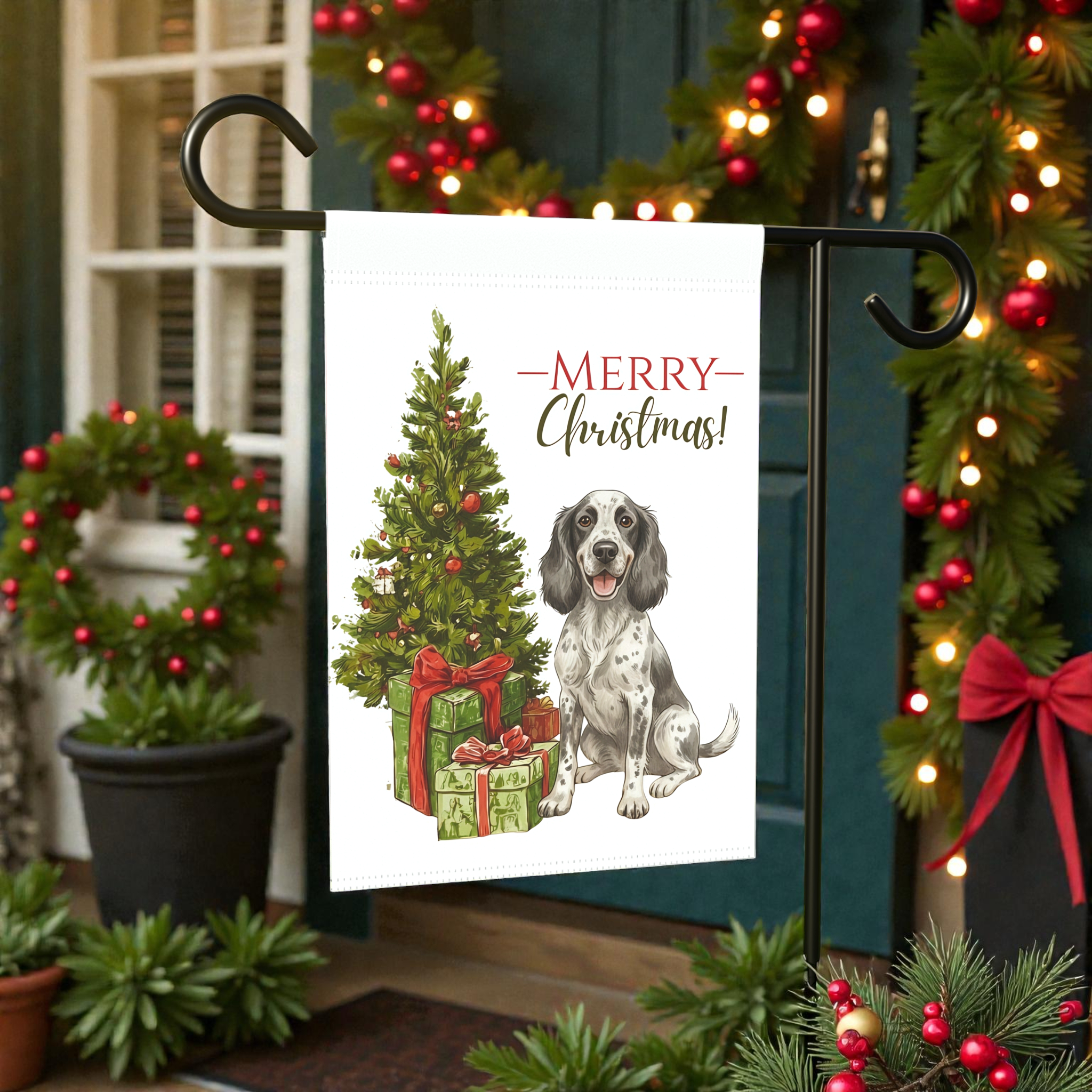 Blue Picardy Spaniel and Present Christmas Garden Flag - lifestyle display - Dragonfire Gardens