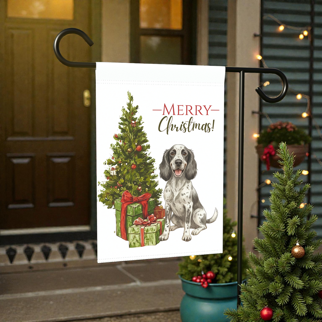 Blue Picardy Spaniel and Present Christmas Garden Flag - product detail - Dragonfire Gardens