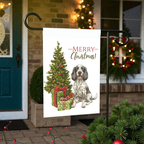Blue Picardy Spaniel and Present Christmas Garden Flag - front view - Dragonfire Gardens