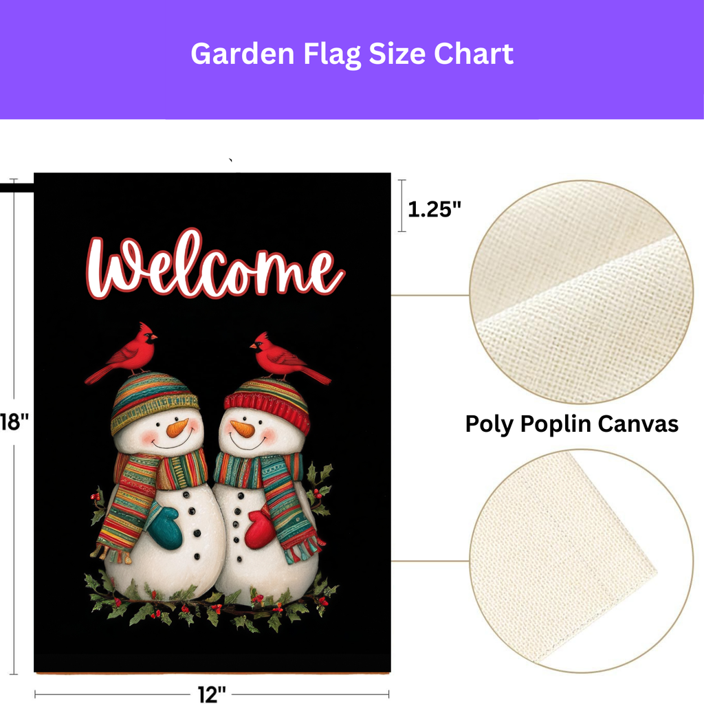 Two Snowmen and Cardinals Welcome Flag Garden Flag - size comparison - Dragonfire Gardens