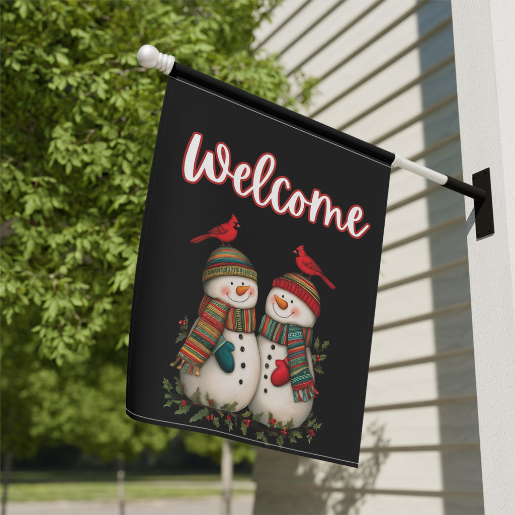 Two Snowmen and Cardinals Welcome Flag Garden Flag - close-up detail - Dragonfire Gardens