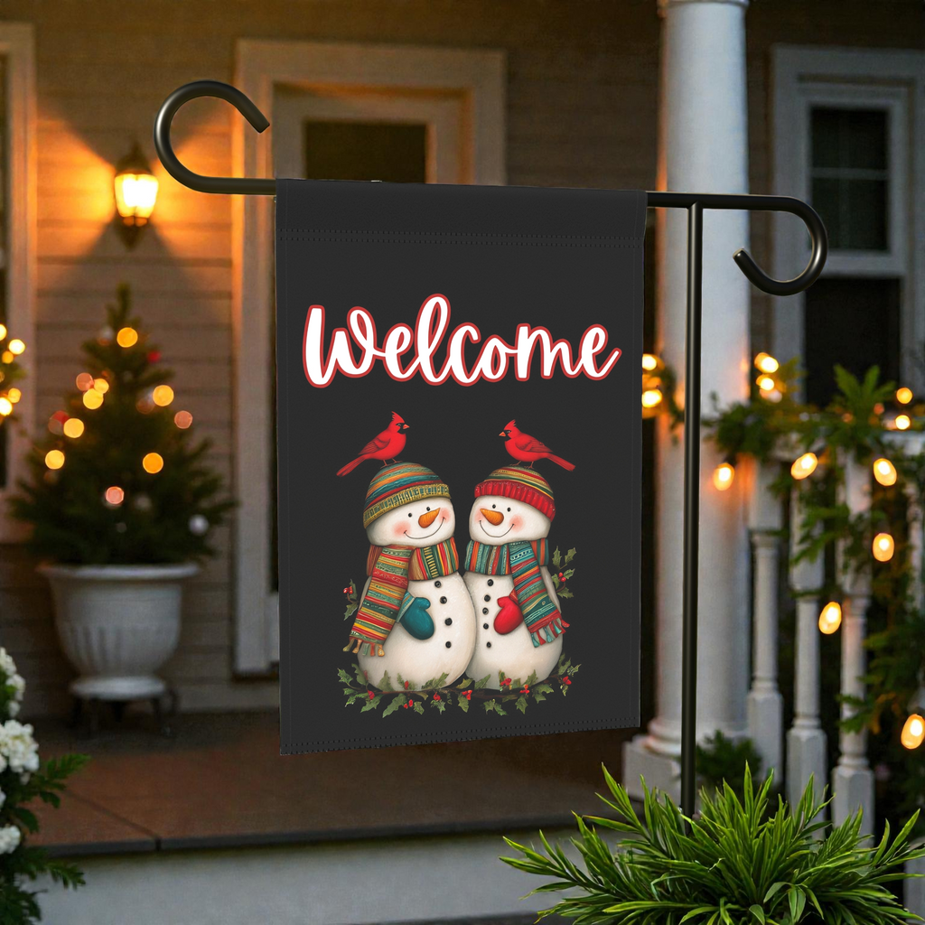 Two Snowmen and Cardinals Welcome Flag Garden Flag - front view - Dragonfire Gardens