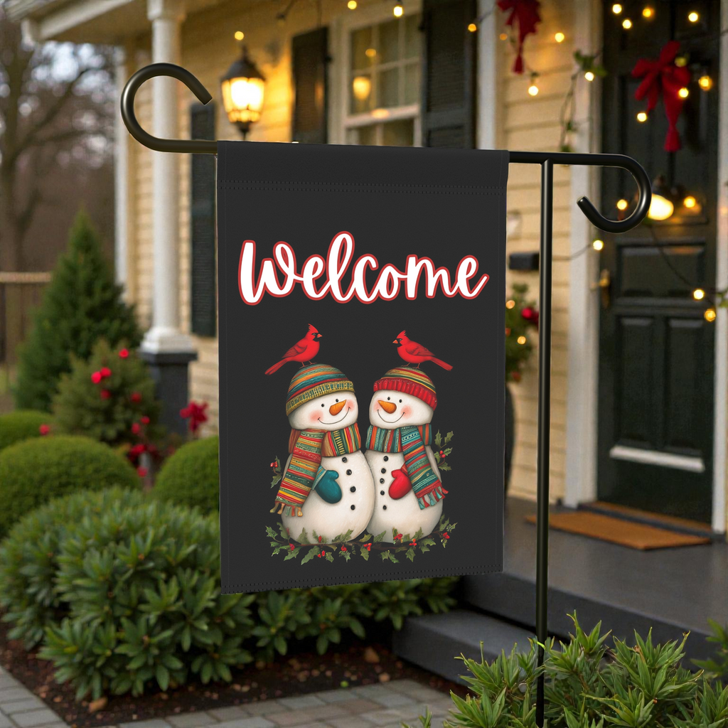 Two Snowmen and Cardinals Welcome Flag Garden Flag - product detail - Dragonfire Gardens