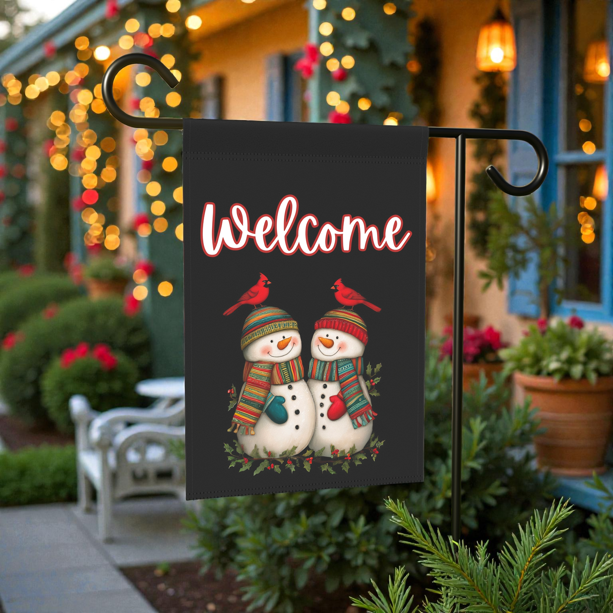 Two Snowmen and Cardinals Welcome Flag Garden Flag - lifestyle display - Dragonfire Gardens