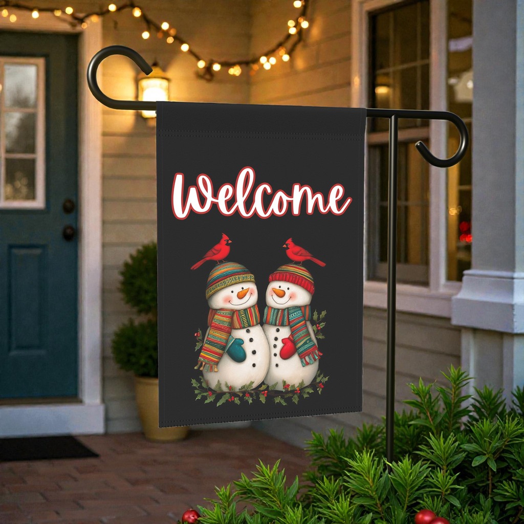 Two Snowmen and Cardinals Welcome Flag Garden Flag - outdoor display - Dragonfire Gardens