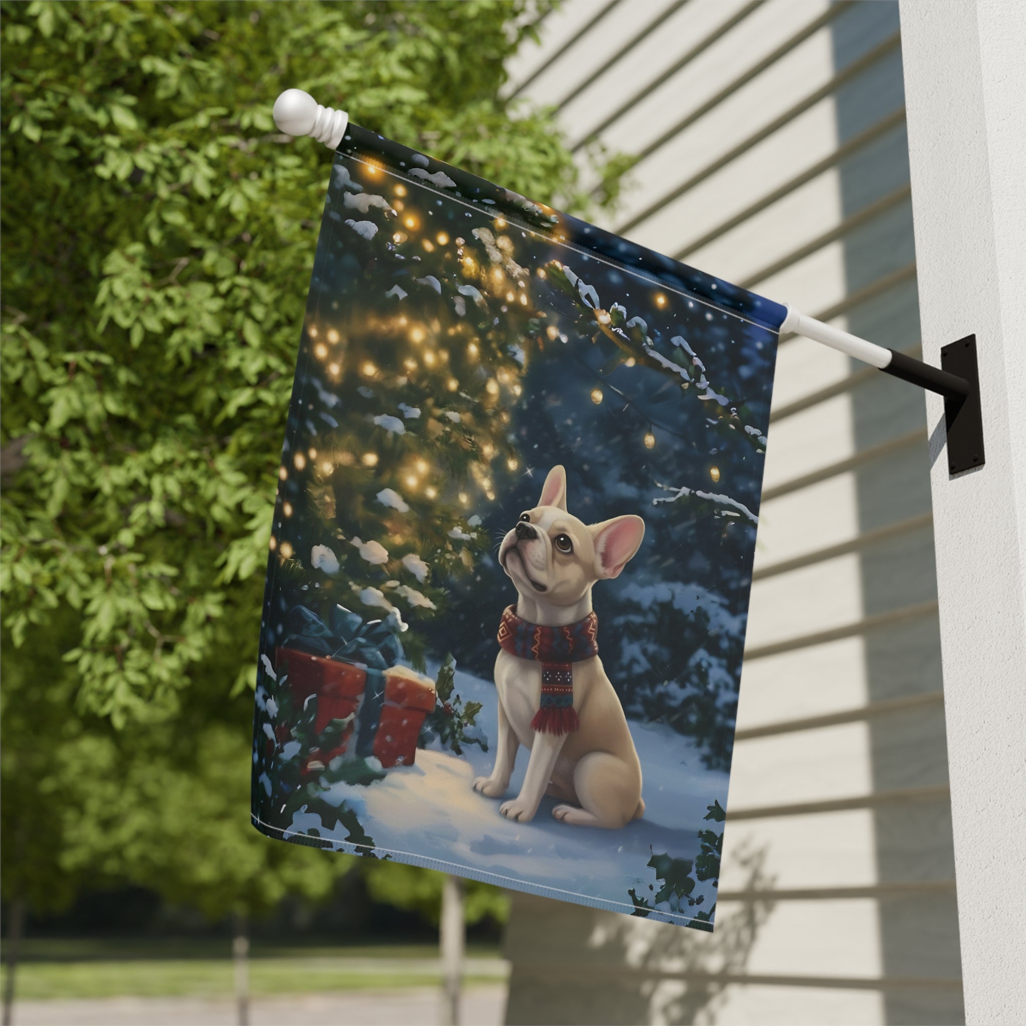 Standing by the Christmas Tree French Bulldog Garden Flag - double-sided design - Dragonfire Gardens