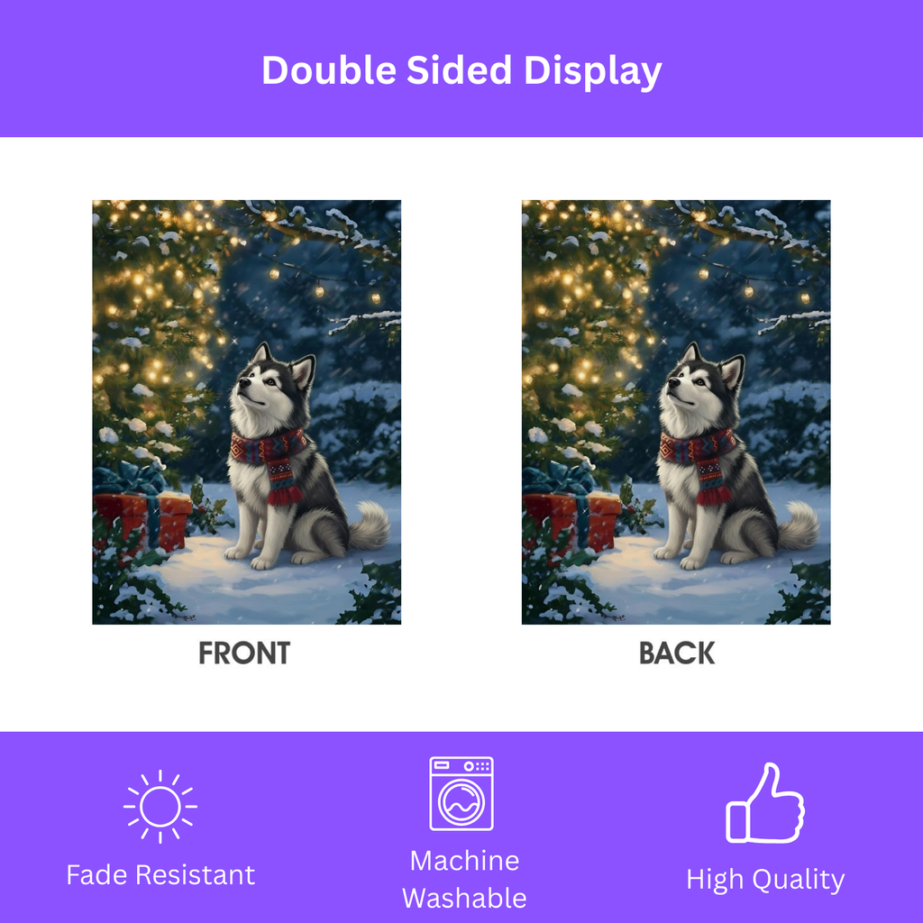 Standing by the Christmas Tree Alaskan Malamute Garden Flag - size comparison - Dragonfire Gardens