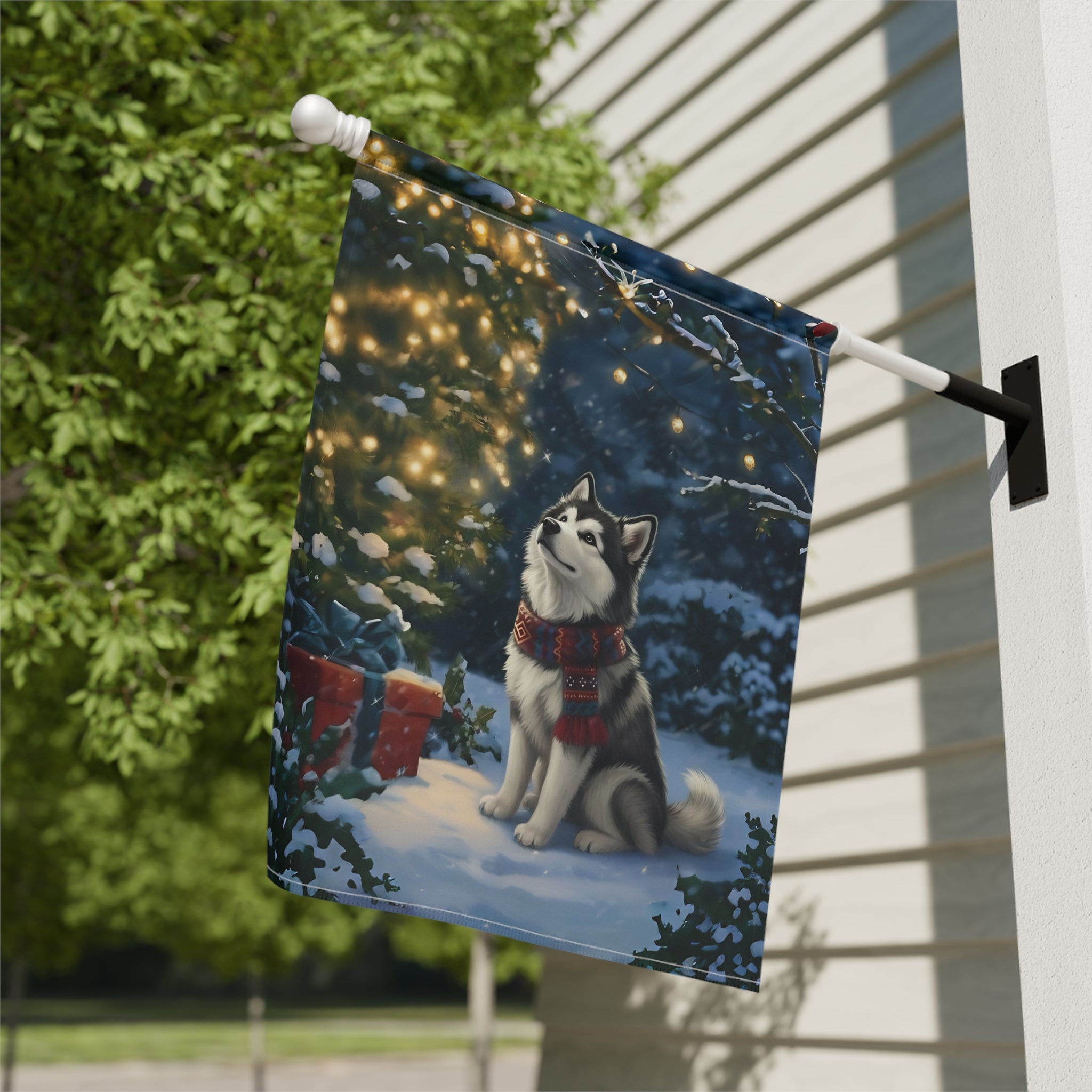 Standing by the Christmas Tree Alaskan Malamute Garden Flag - double-sided design - Dragonfire Gardens
