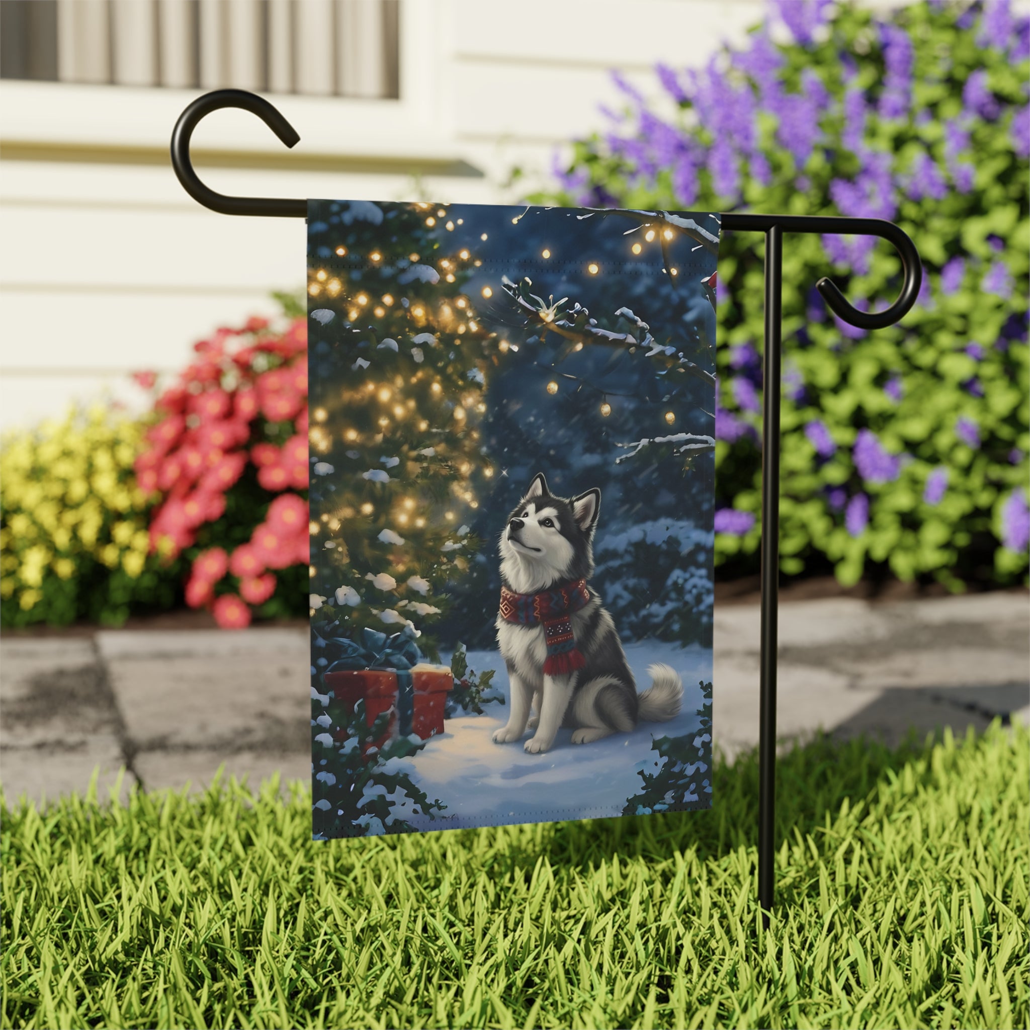 Standing by the Christmas Tree Alaskan Malamute Garden Flag - close-up detail - Dragonfire Gardens