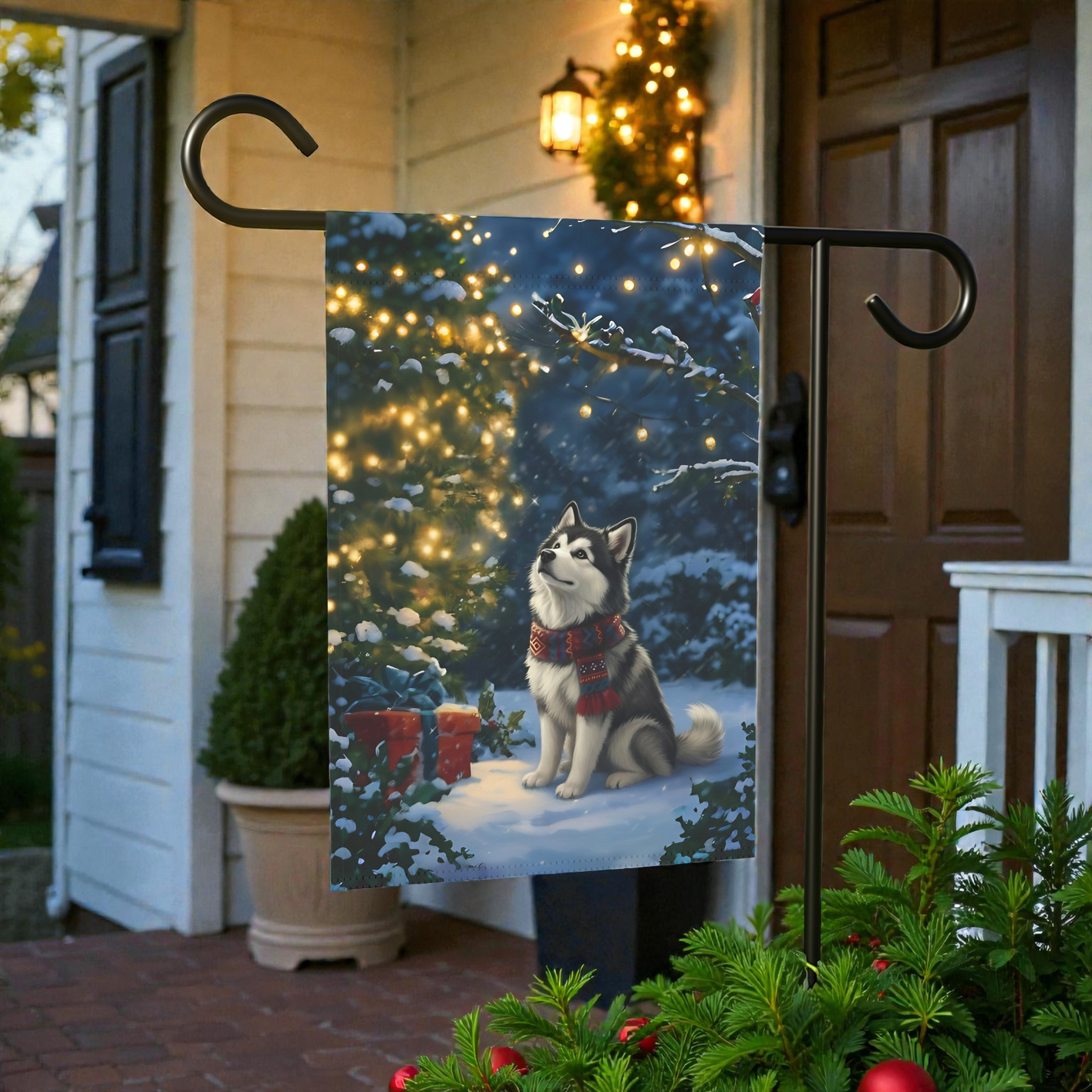 Standing by the Christmas Tree Alaskan Malamute Garden Flag - outdoor display - Dragonfire Gardens