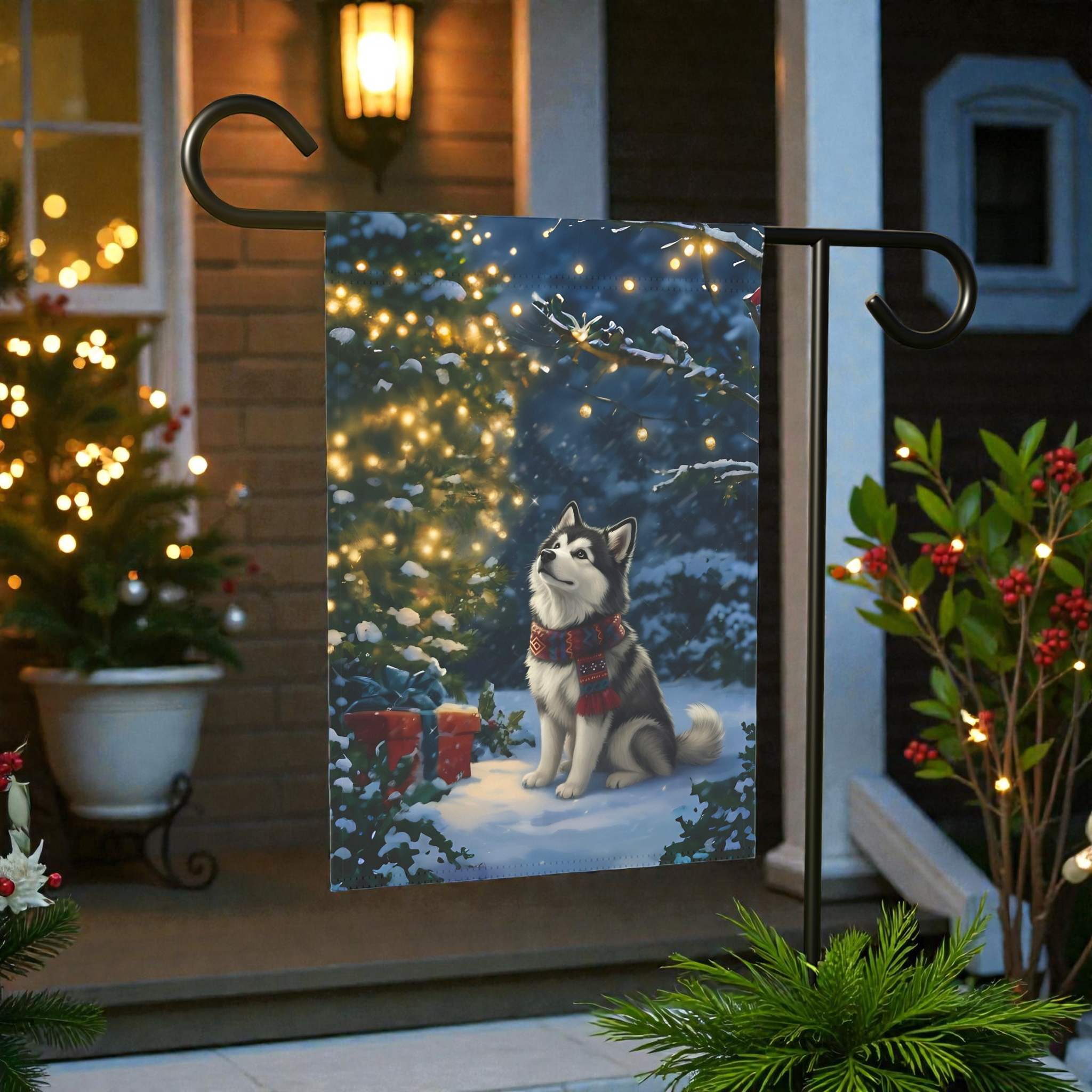 Standing by the Christmas Tree Alaskan Malamute Garden Flag - front view - Dragonfire Gardens