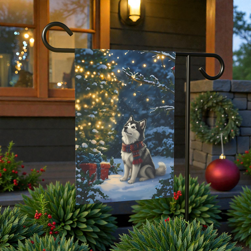 Standing by the Christmas Tree Alaskan Malamute Garden Flag - lifestyle display - Dragonfire Gardens