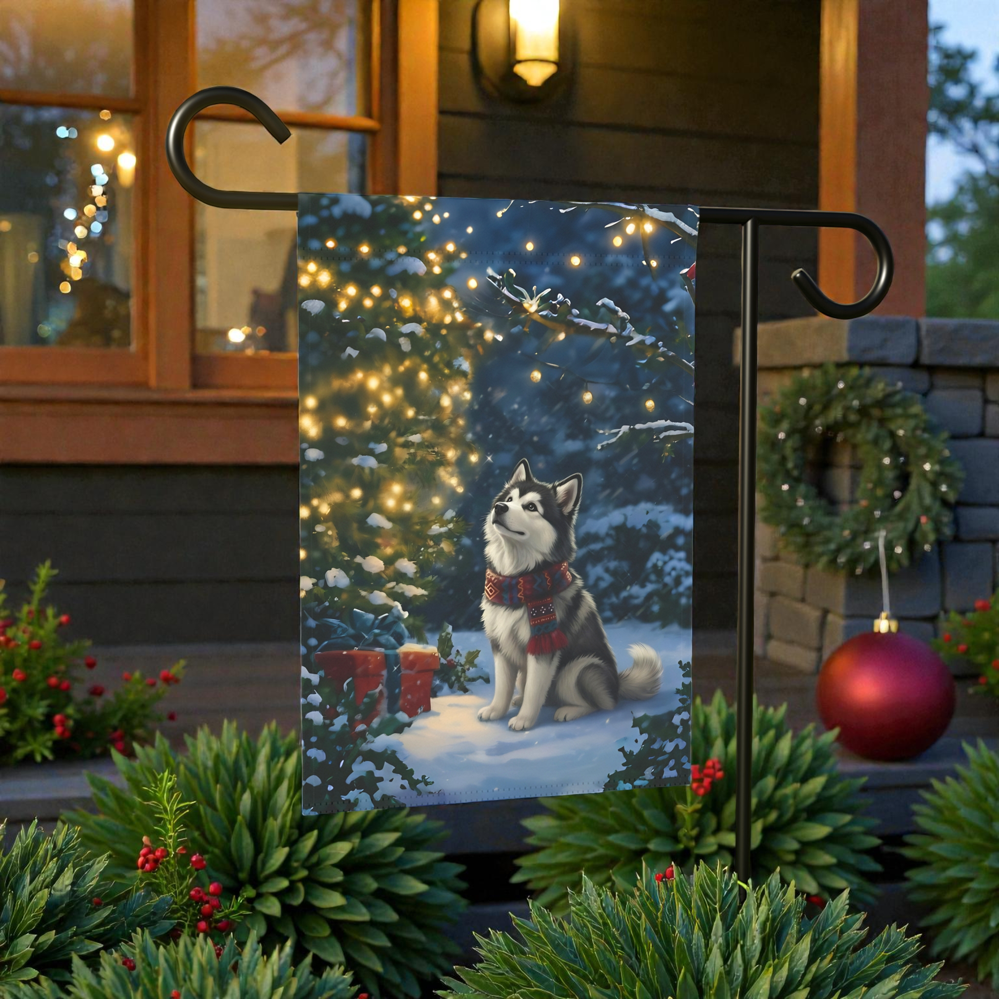 Standing by the Christmas Tree Alaskan Malamute Garden Flag - lifestyle display - Dragonfire Gardens