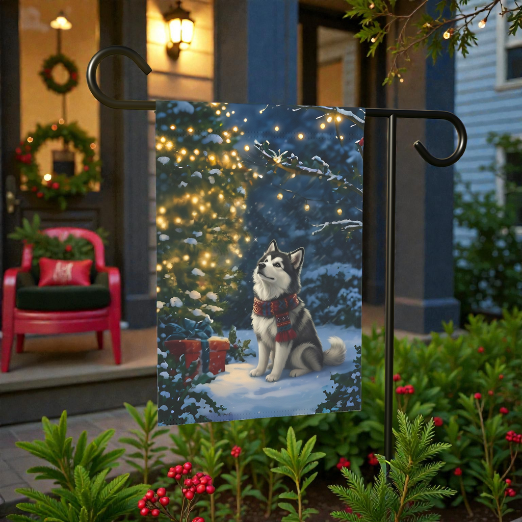 Standing by the Christmas Tree Alaskan Malamute Garden Flag - product detail - Dragonfire Gardens