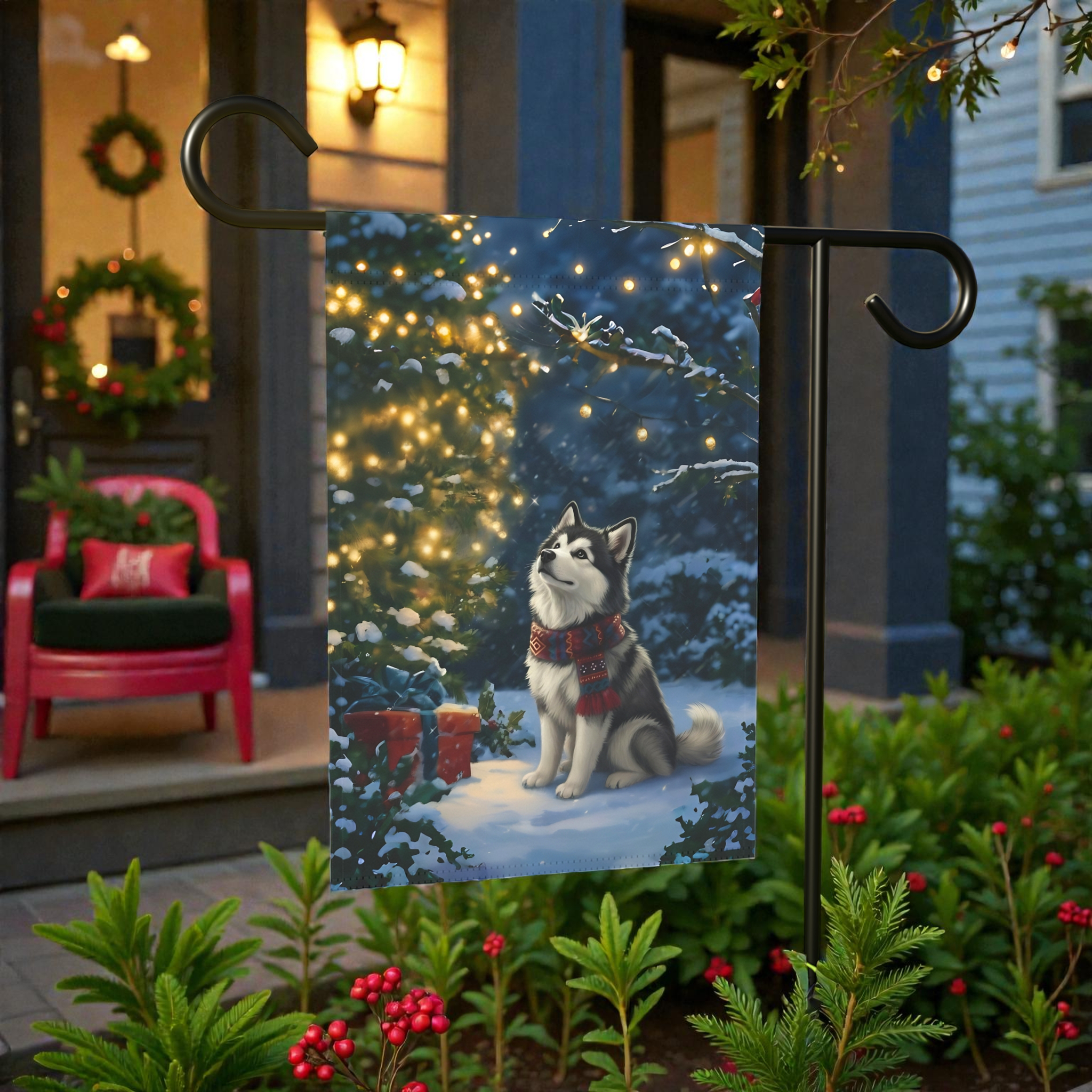 Standing by the Christmas Tree Alaskan Malamute Garden Flag - product detail - Dragonfire Gardens