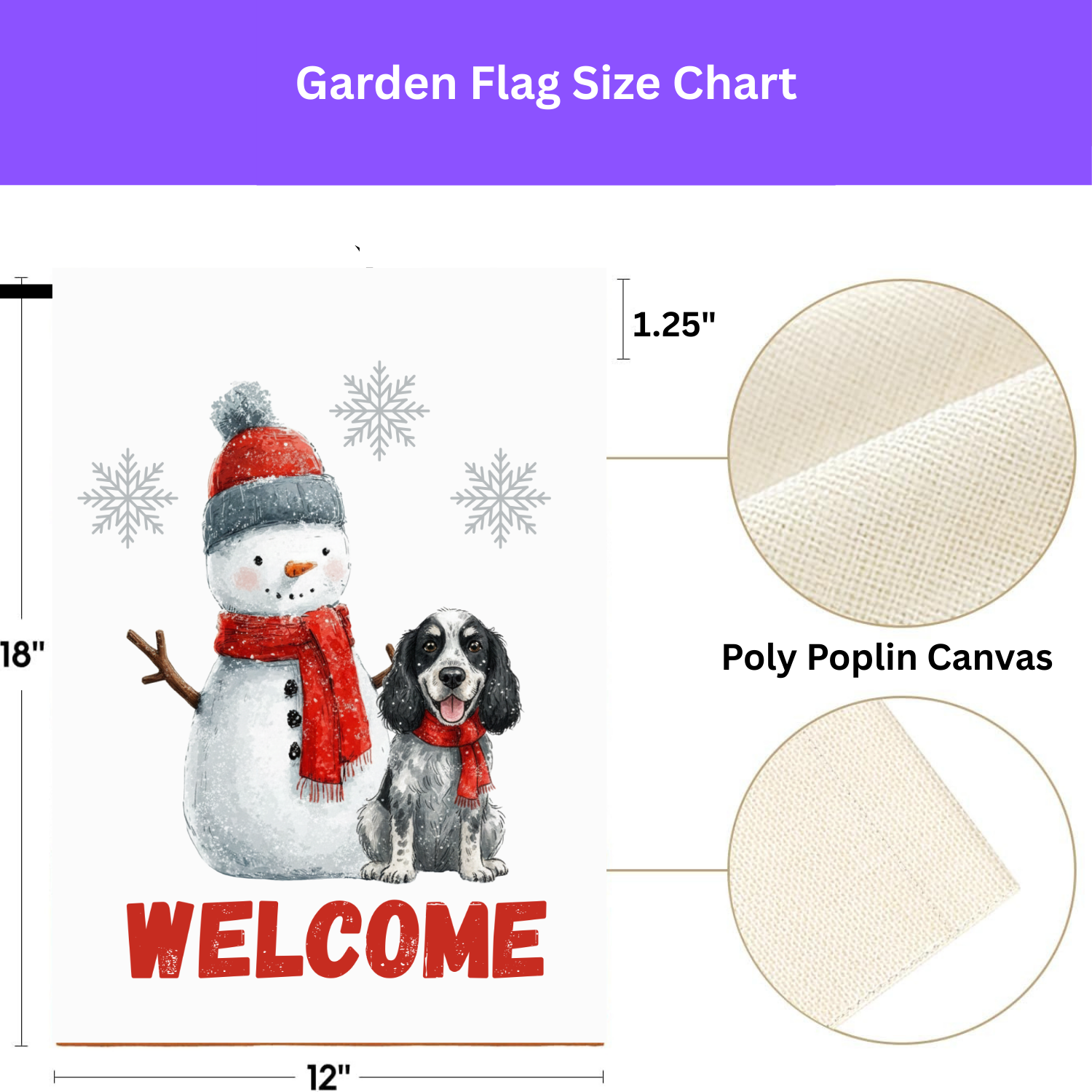 Blue Picardy Spaniel and Snowman Welcome Flag Garden Flag - size comparison - Dragonfire Gardens