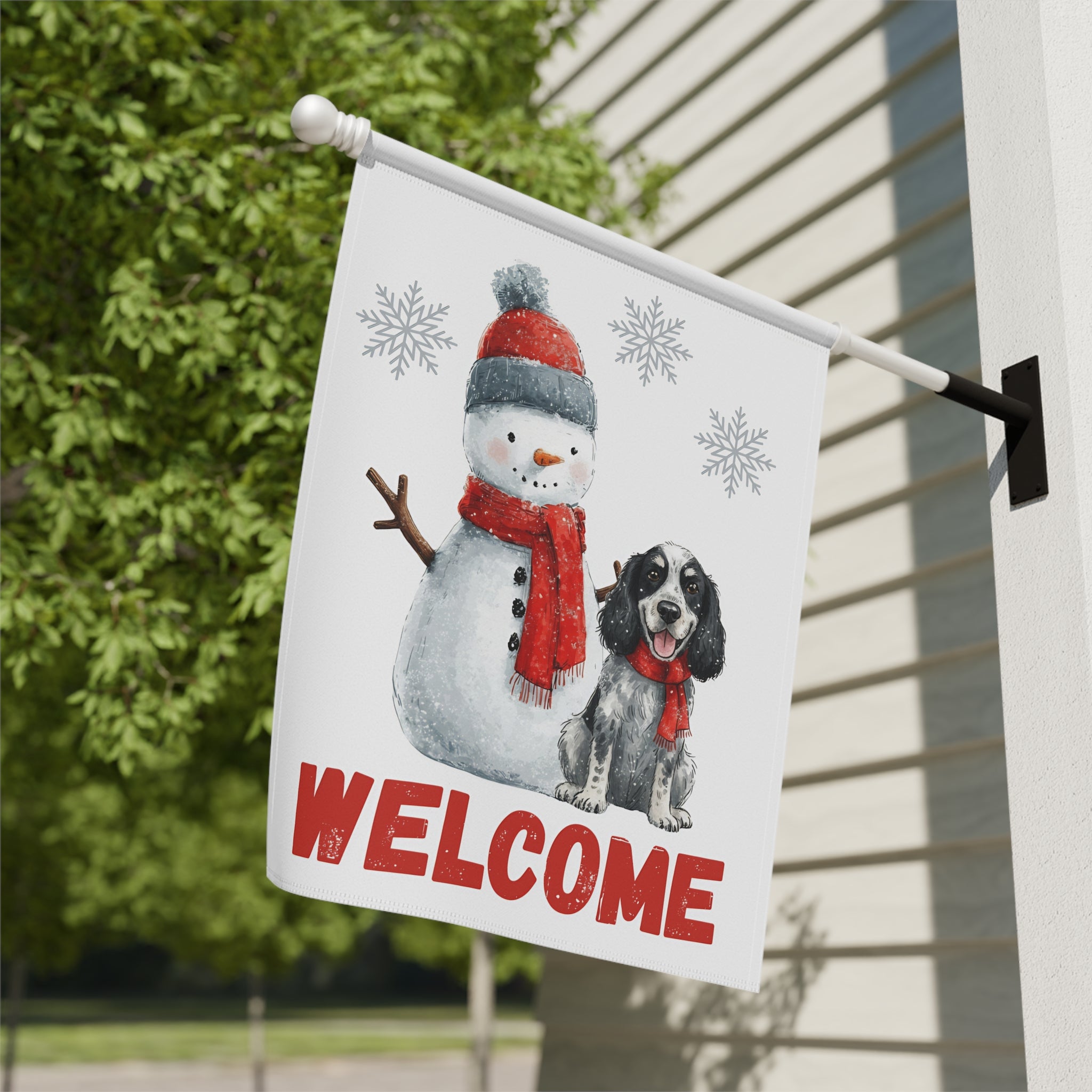 Blue Picardy Spaniel and Snowman Welcome Flag Garden Flag - double-sided design - Dragonfire Gardens