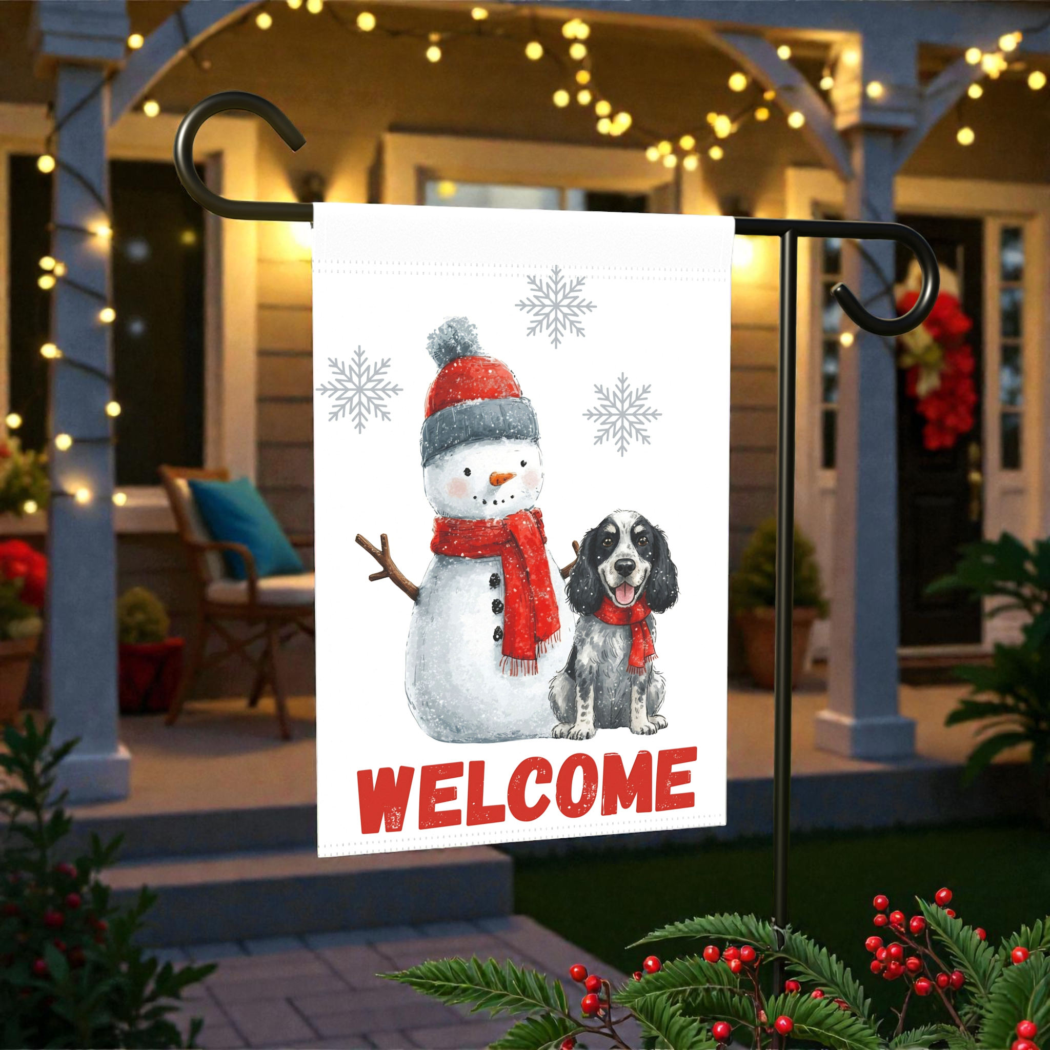 Blue Picardy Spaniel and Snowman Welcome Flag Garden Flag - outdoor display - Dragonfire Gardens