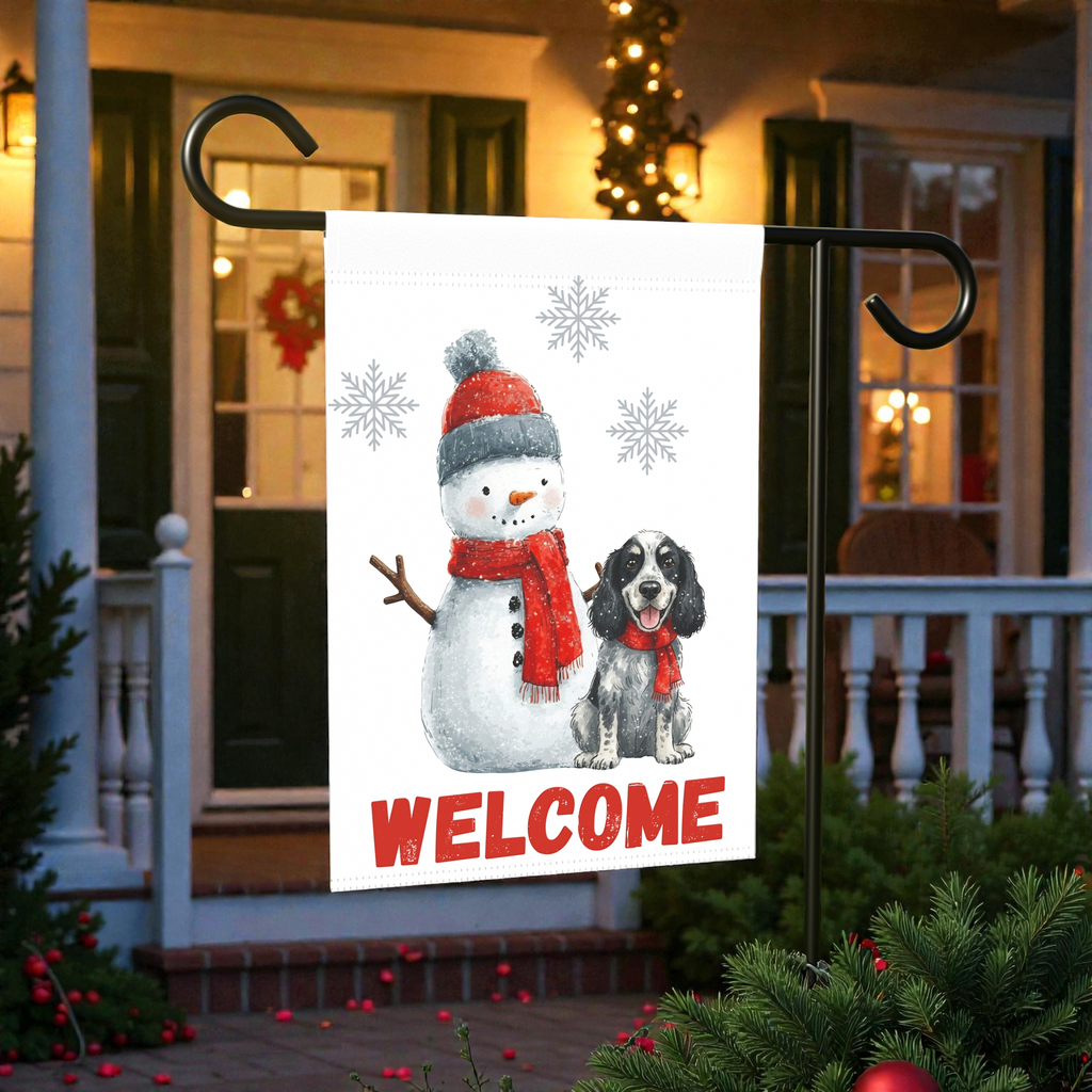 Blue Picardy Spaniel and Snowman Welcome Flag Garden Flag - product detail - Dragonfire Gardens