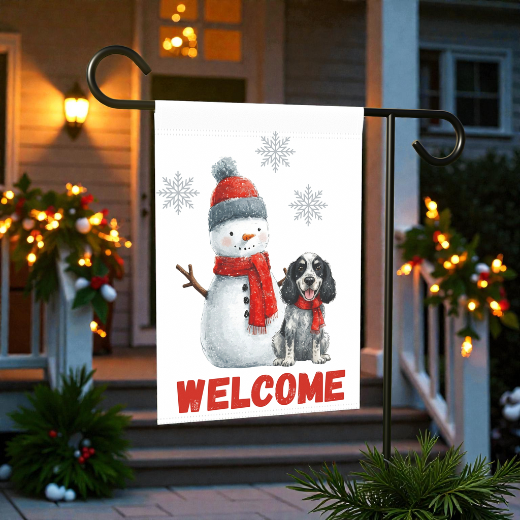 Blue Picardy Spaniel and Snowman Welcome Flag Garden Flag - lifestyle display - Dragonfire Gardens