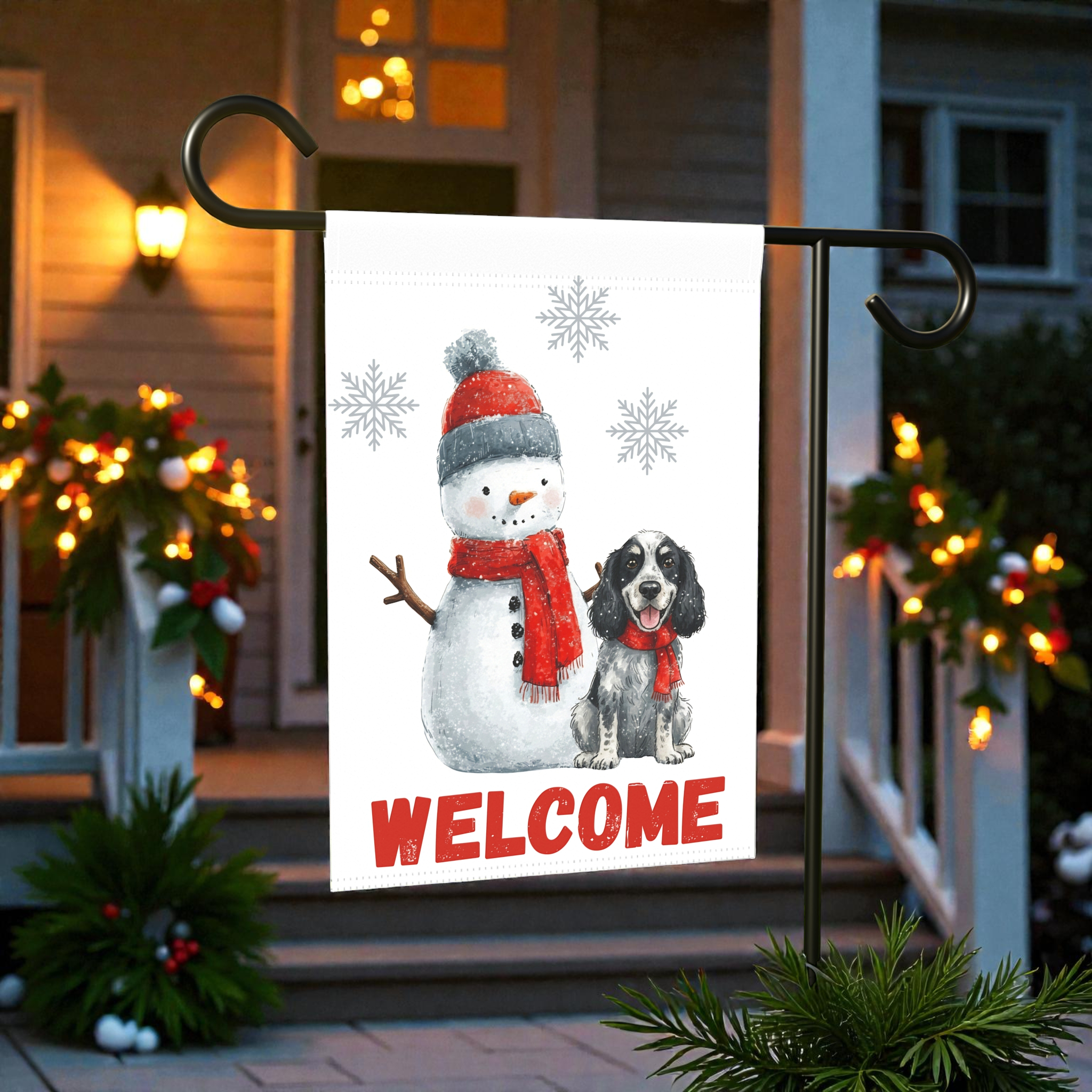 Blue Picardy Spaniel and Snowman Welcome Flag Garden Flag - lifestyle display - Dragonfire Gardens