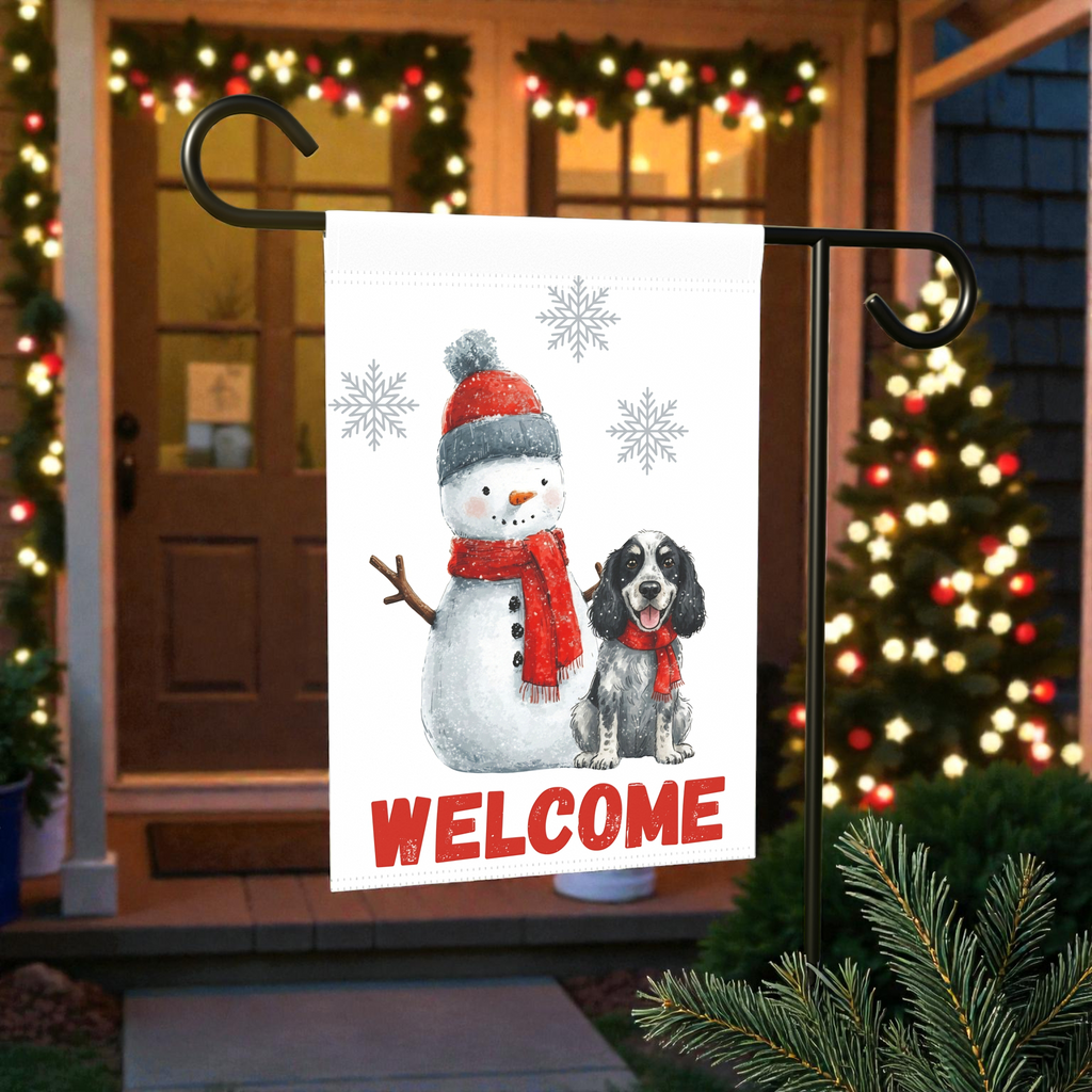 Blue Picardy Spaniel and Snowman Welcome Flag Garden Flag - front view - Dragonfire Gardens