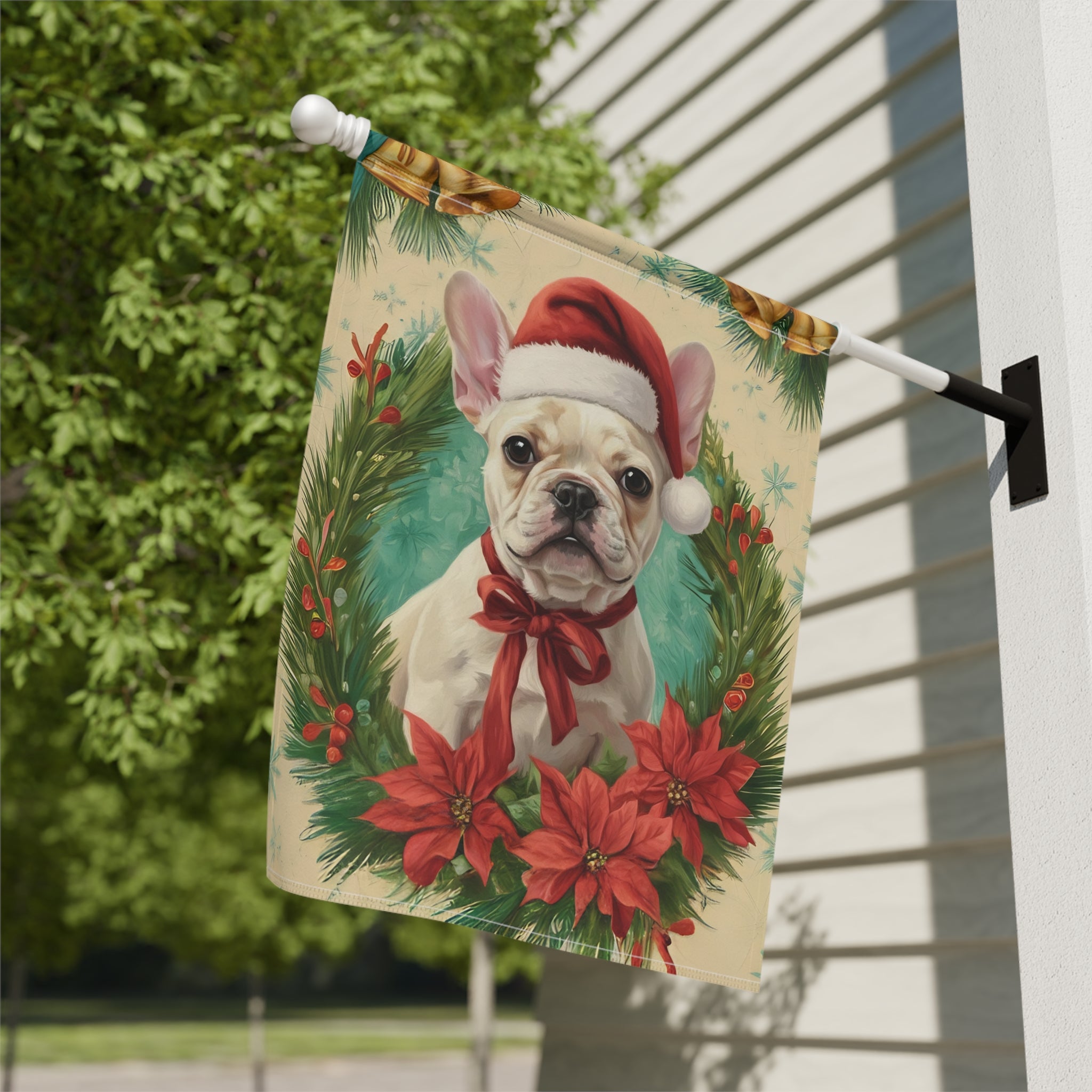 Santa Hat and Bow French Bulldog Christmas Garden Flag - double-sided design - Dragonfire Gardens