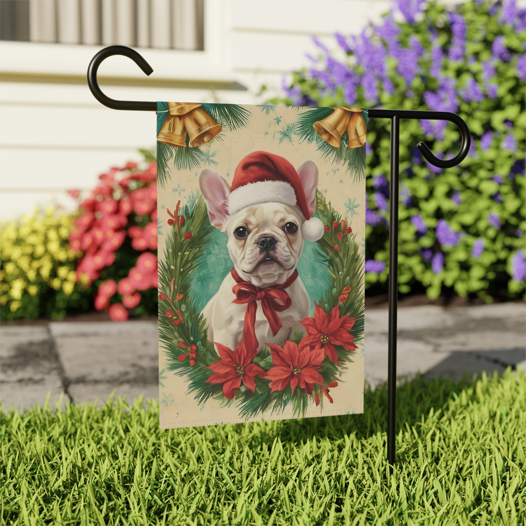 Santa Hat and Bow French Bulldog Christmas Garden Flag - close-up detail - Dragonfire Gardens