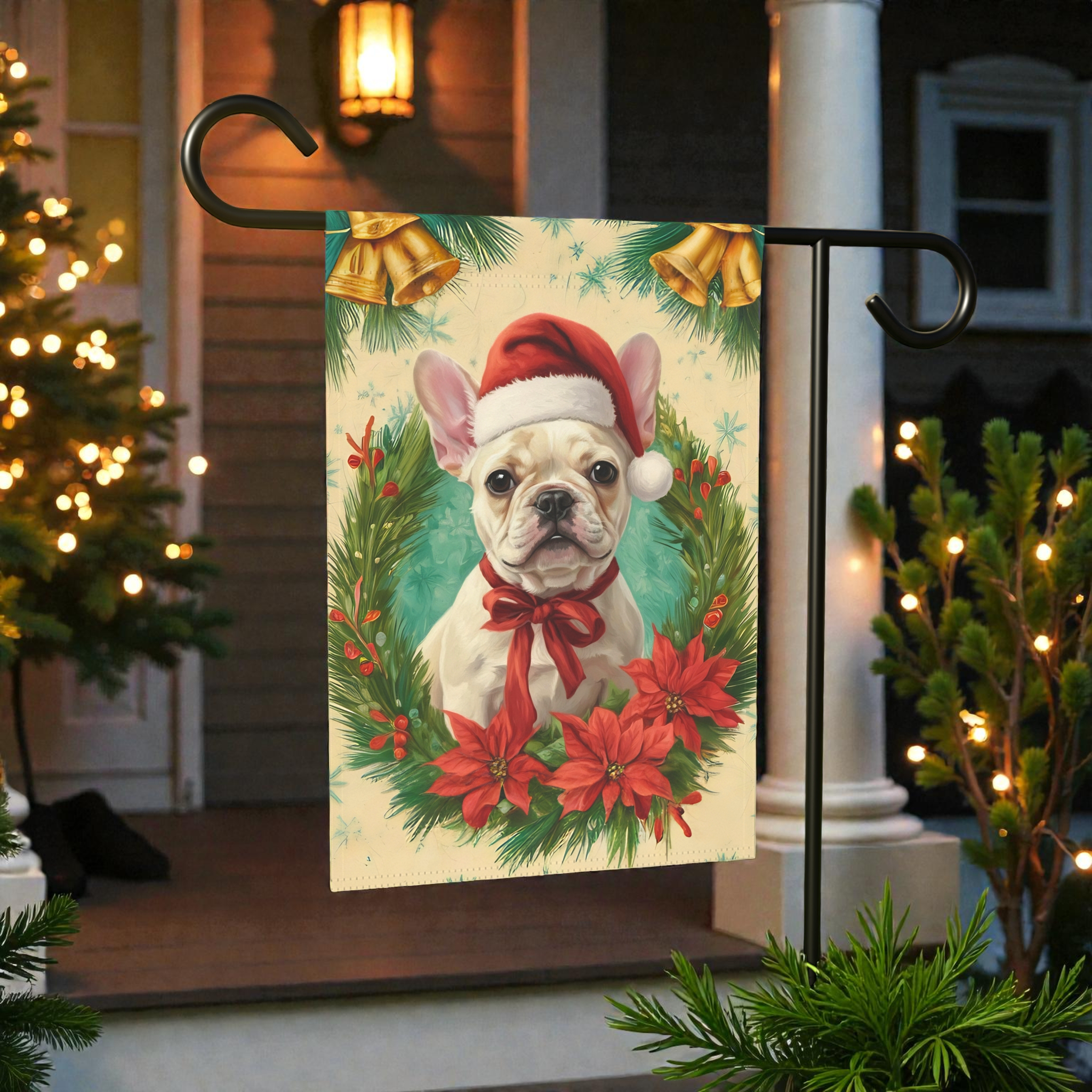 Santa Hat and Bow French Bulldog Christmas Garden Flag - outdoor display - Dragonfire Gardens