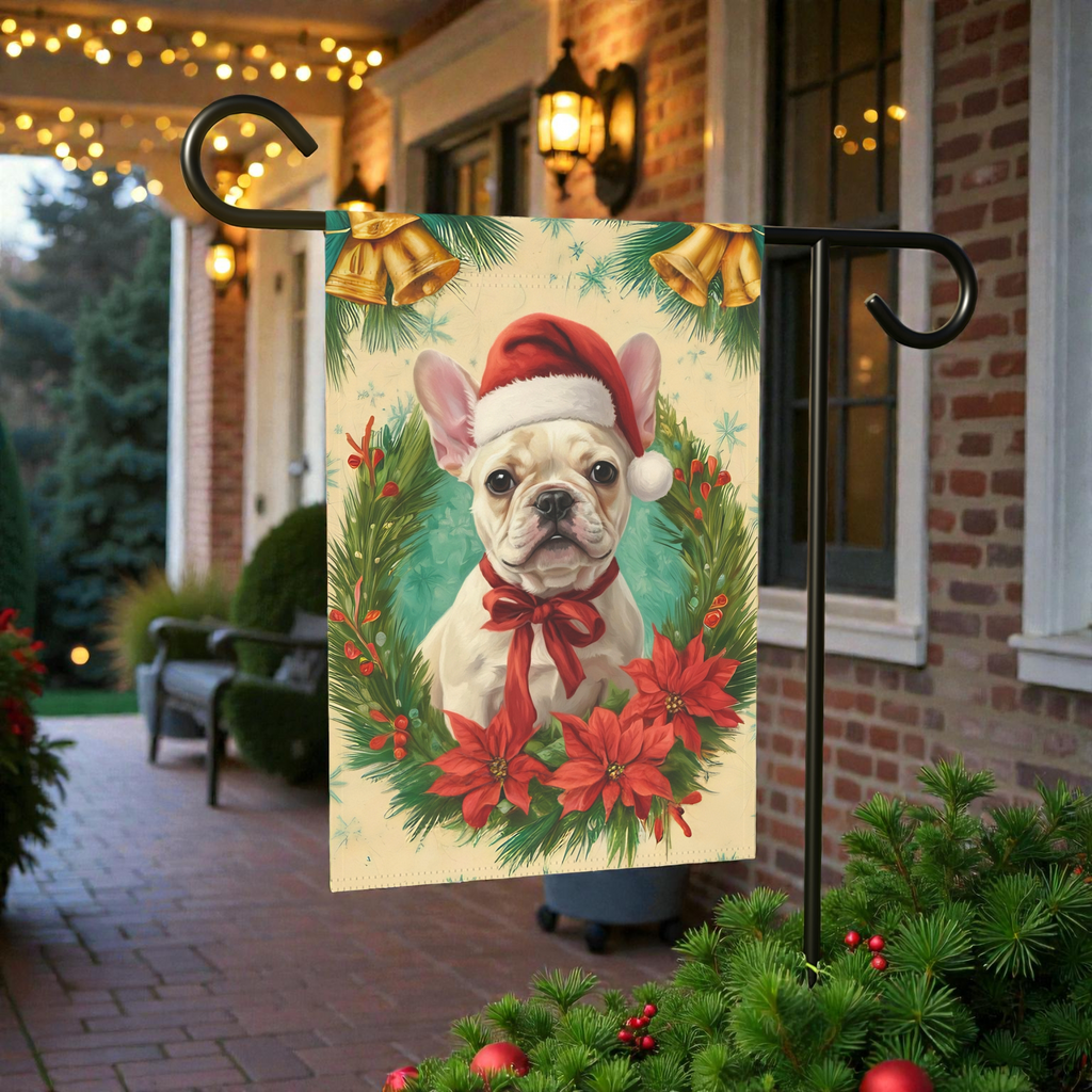 Santa Hat and Bow French Bulldog Christmas Garden Flag - lifestyle display - Dragonfire Gardens