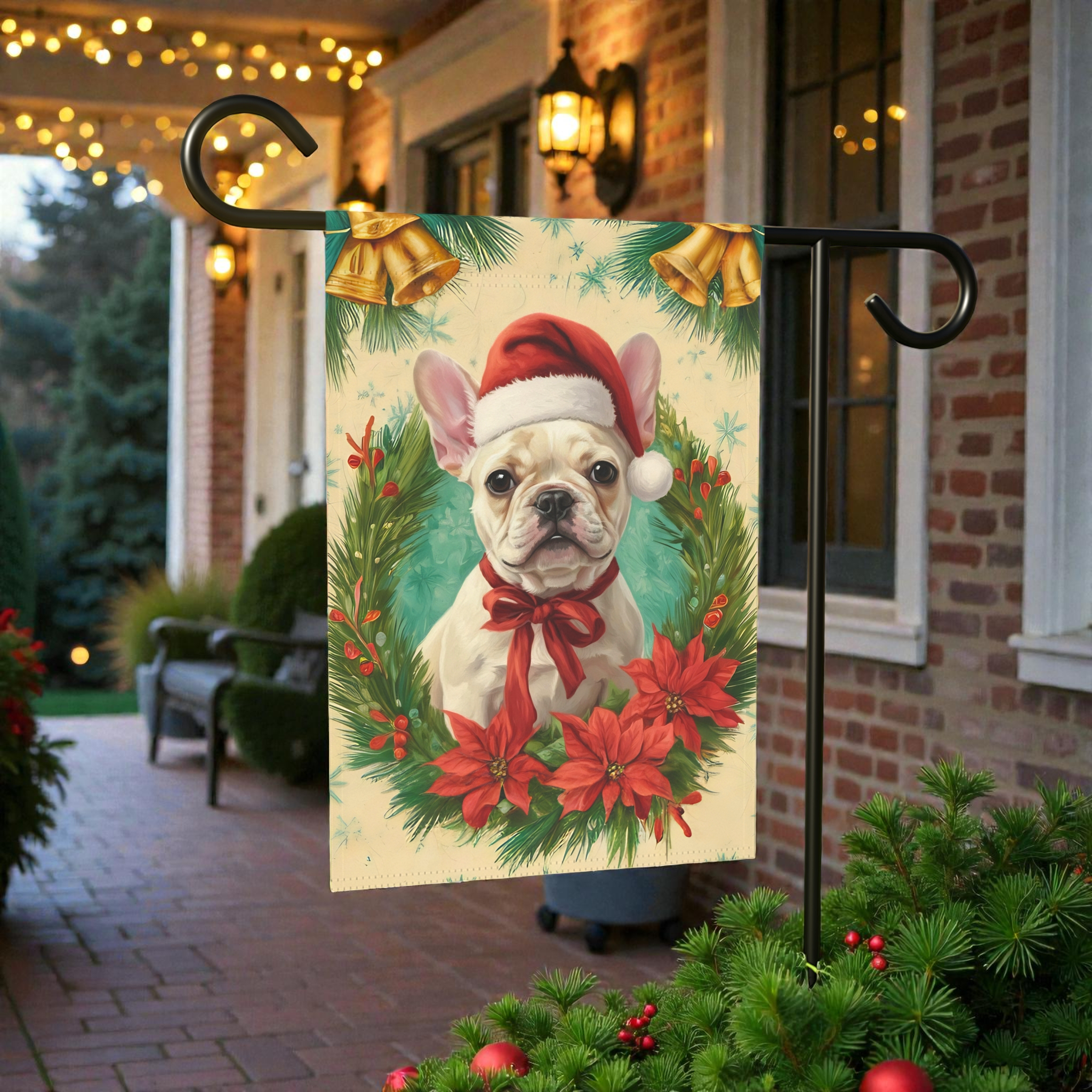 Santa Hat and Bow French Bulldog Christmas Garden Flag - lifestyle display - Dragonfire Gardens