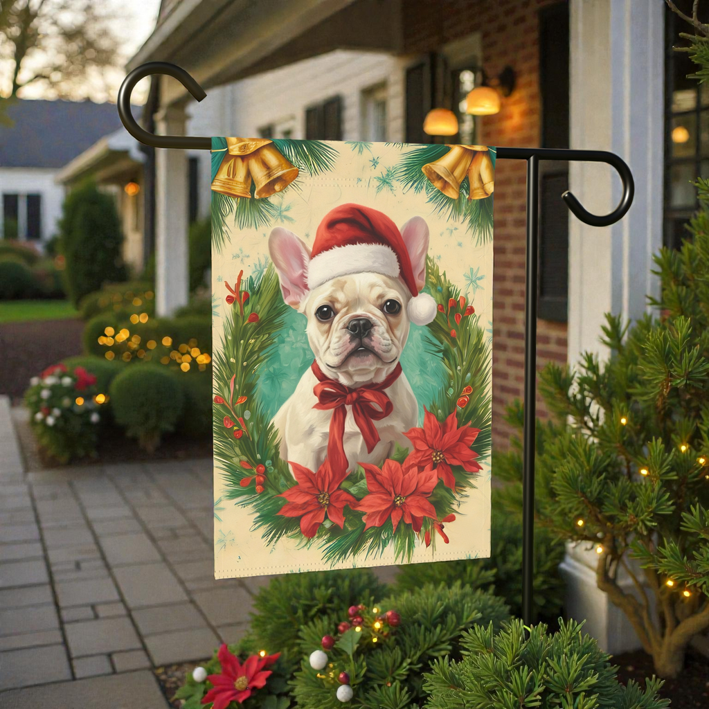 Santa Hat and Bow French Bulldog Christmas Garden Flag - front view - Dragonfire Gardens