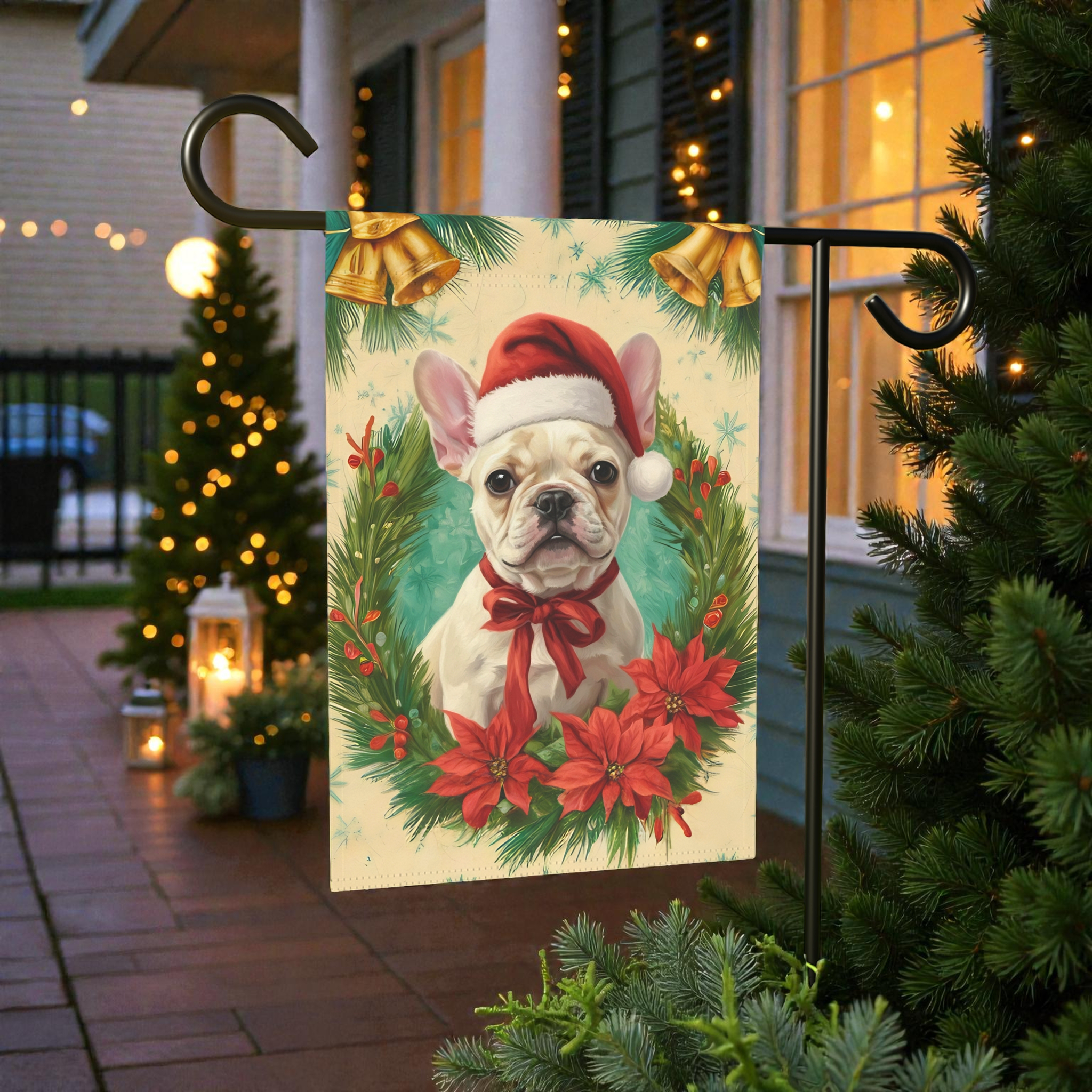 Santa Hat and Bow French Bulldog Christmas Garden Flag - product detail - Dragonfire Gardens