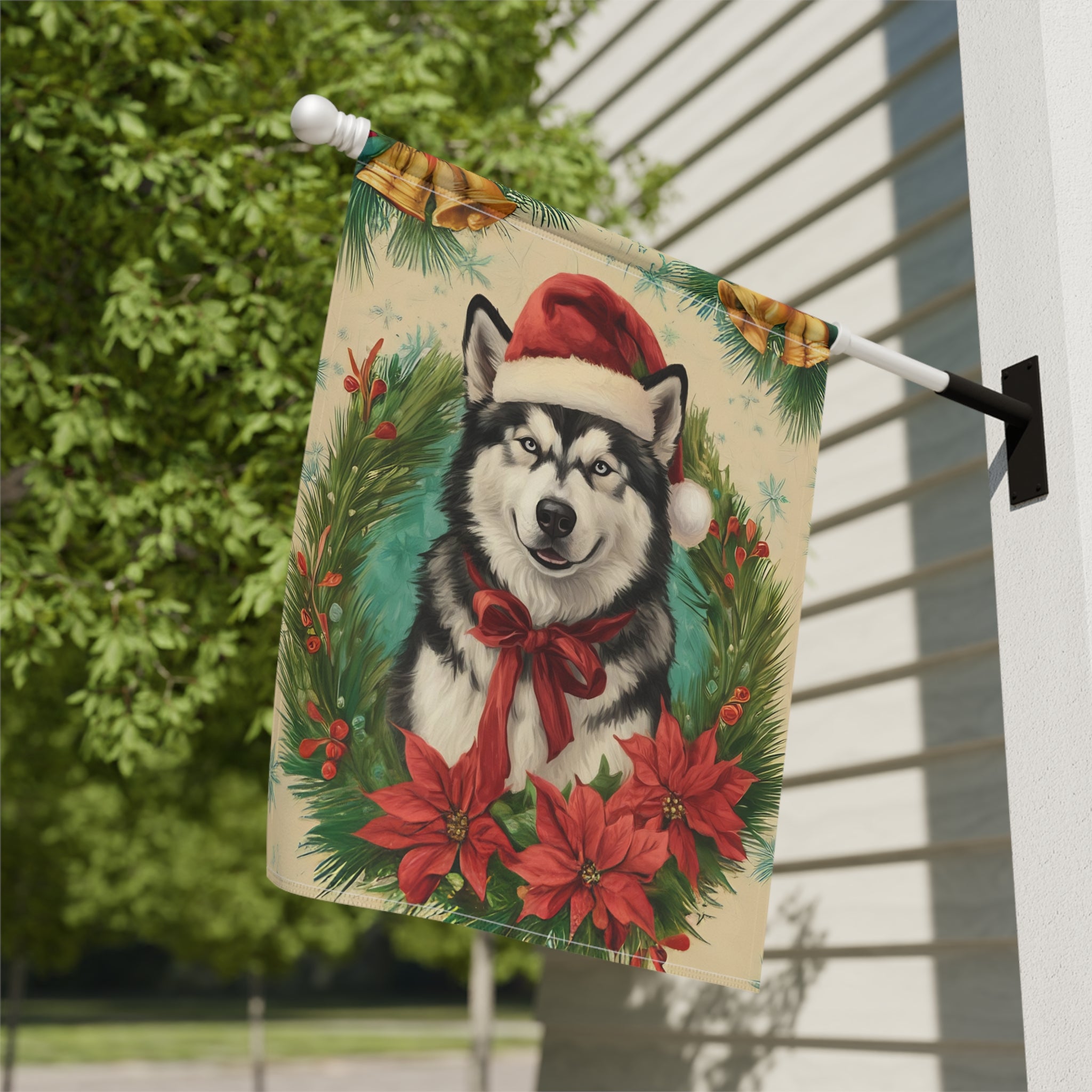 Santa Hat and Bow Alaskan Malamute Christmas Garden Flag - double-sided design - Dragonfire Gardens