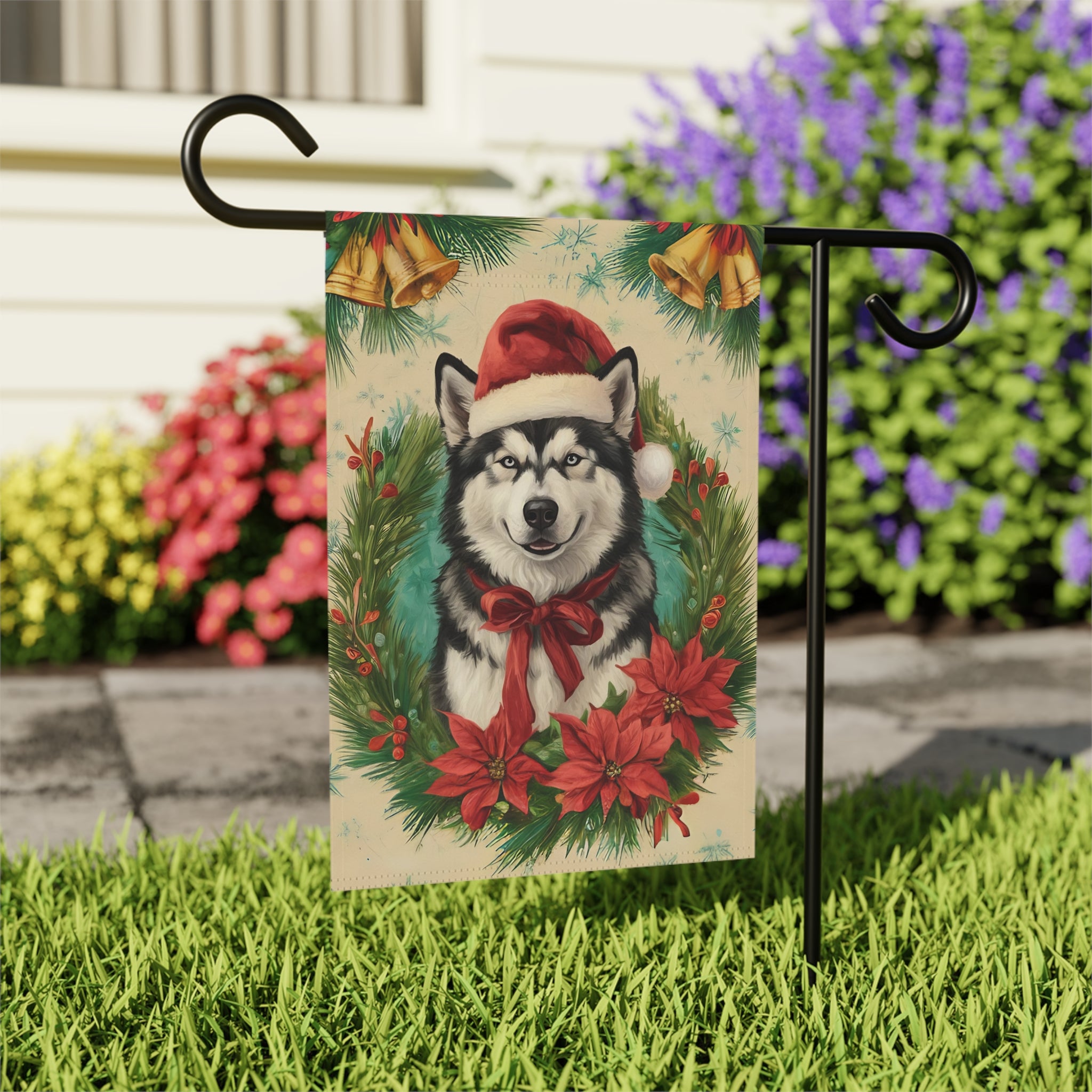 Santa Hat and Bow Alaskan Malamute Christmas Garden Flag - close-up detail - Dragonfire Gardens