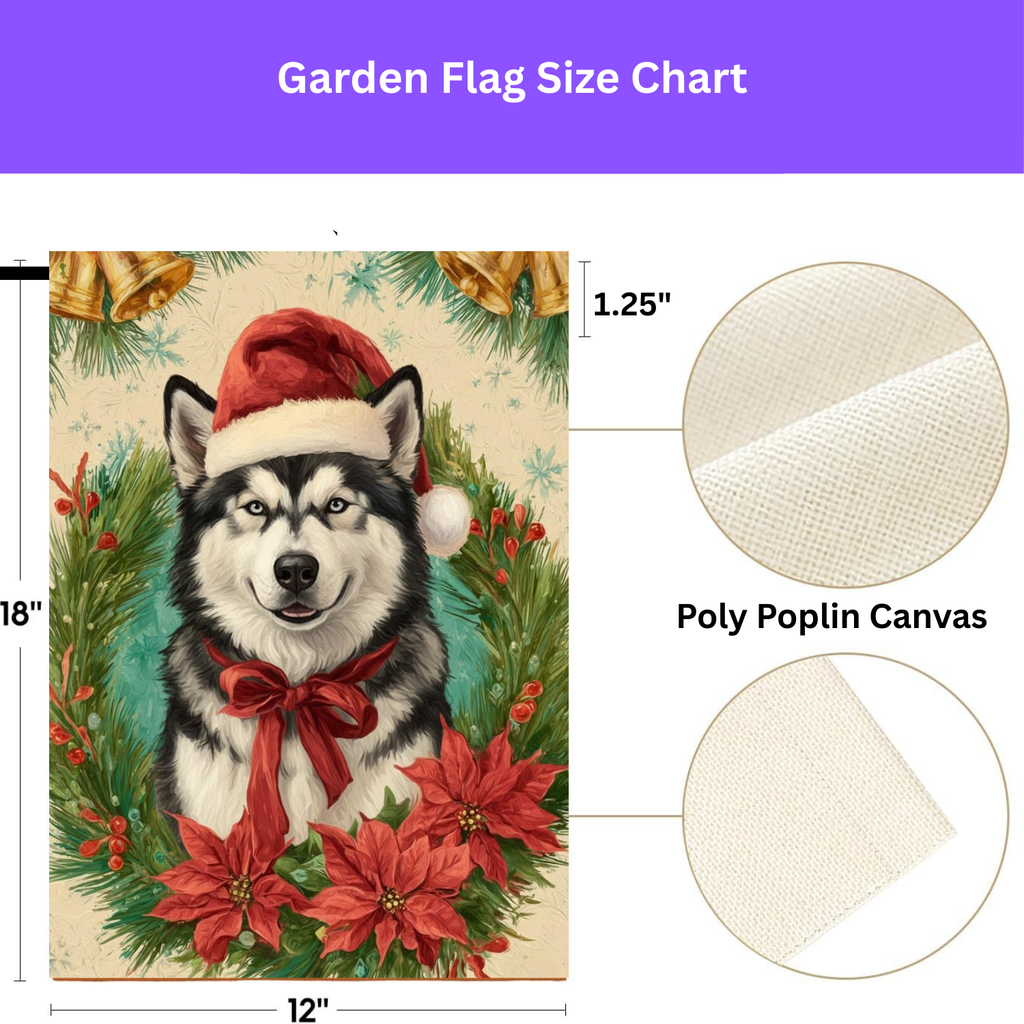 Santa Hat and Bow Alaskan Malamute Christmas Garden Flag - size comparison - Dragonfire Gardens