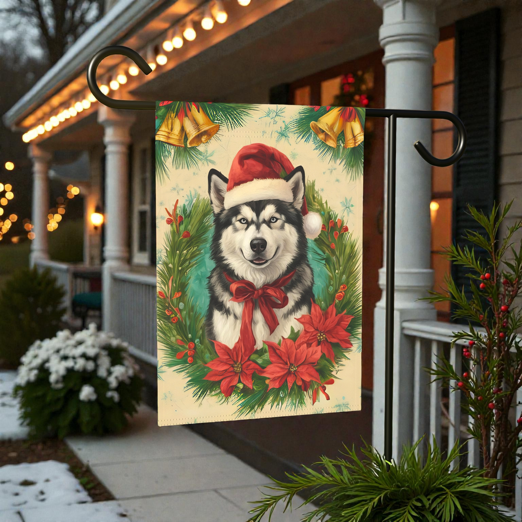 Santa Hat and Bow Alaskan Malamute Christmas Garden Flag - front view - Dragonfire Gardens