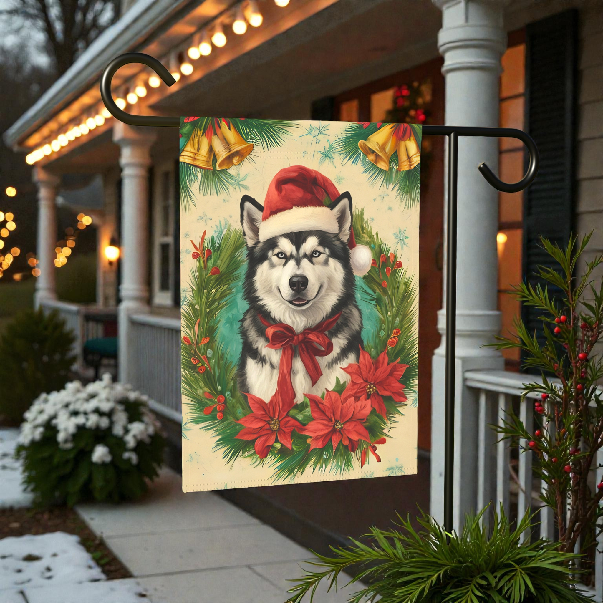 Santa Hat and Bow Alaskan Malamute Christmas Garden Flag - front view - Dragonfire Gardens