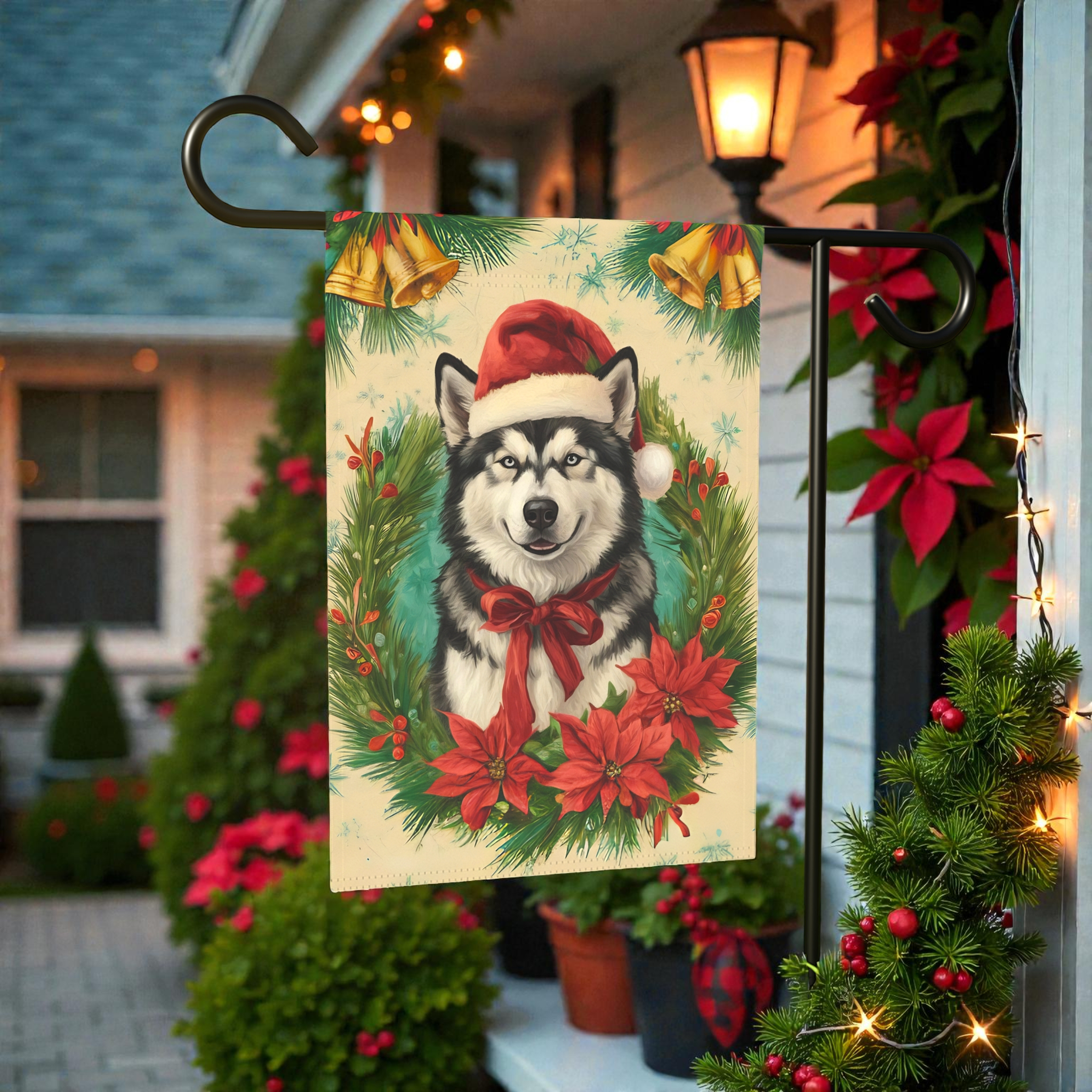 Santa Hat and Bow Alaskan Malamute Christmas Garden Flag - outdoor display - Dragonfire Gardens