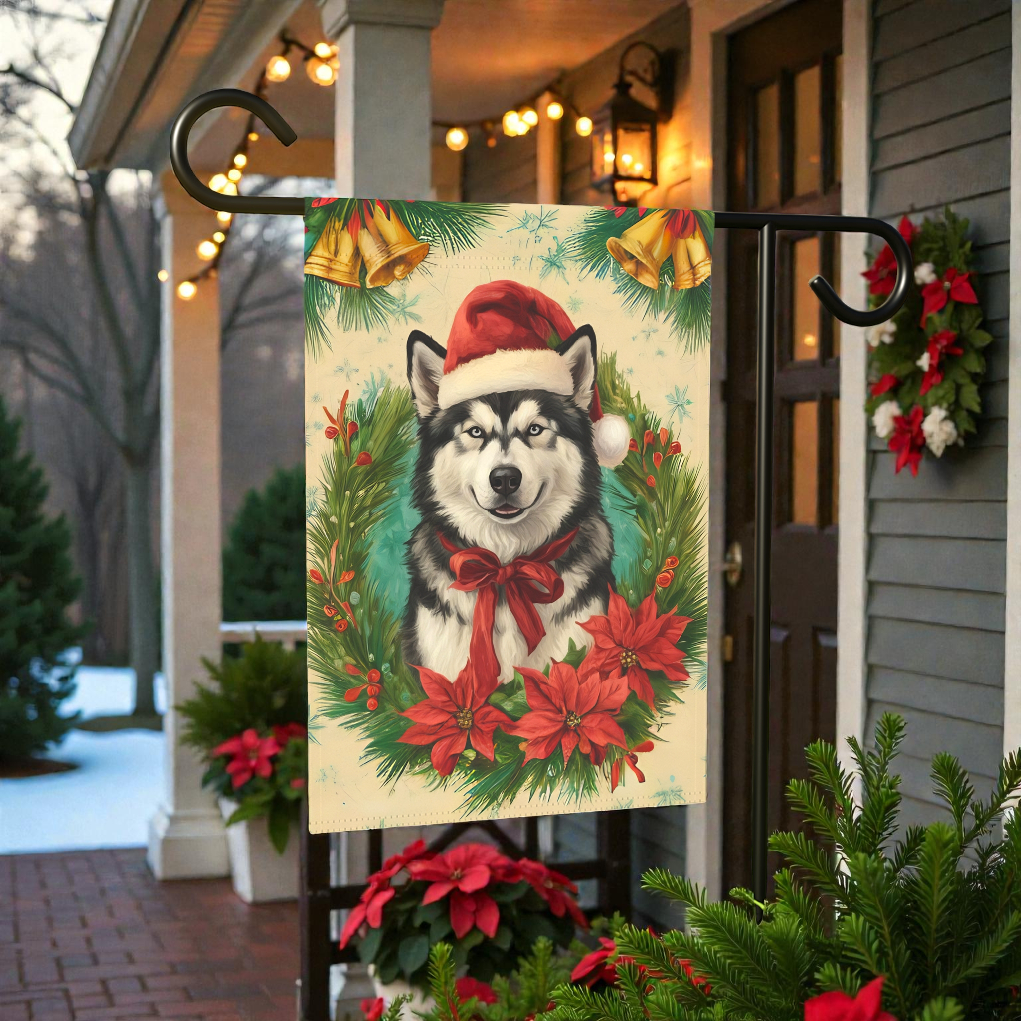 Santa Hat and Bow Alaskan Malamute Christmas Garden Flag - lifestyle display - Dragonfire Gardens