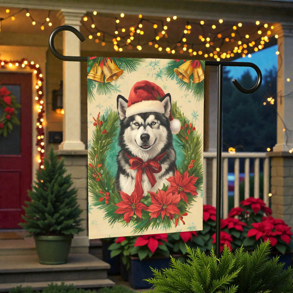 Santa Hat and Bow Alaskan Malamute Christmas Garden Flag - product detail - Dragonfire Gardens