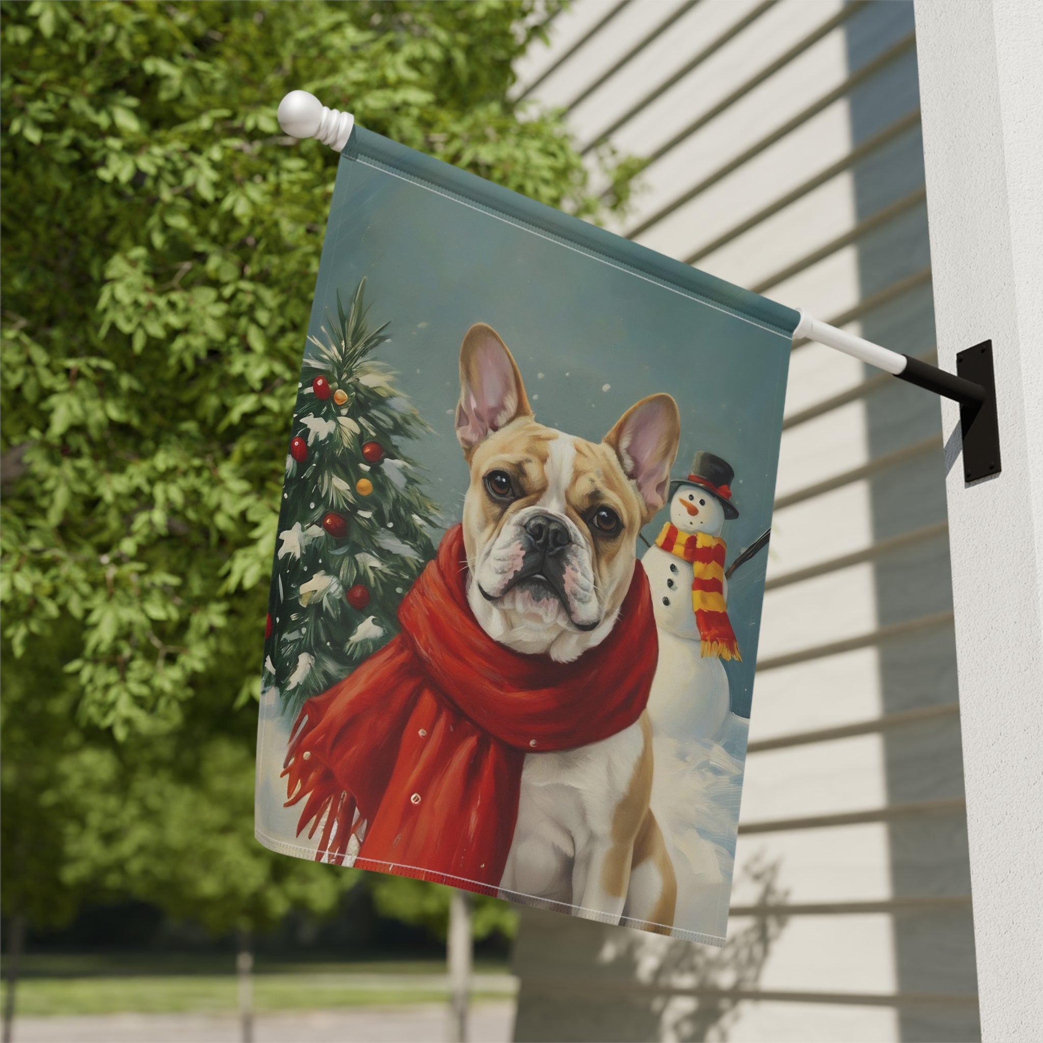 Red Scarf French Bulldog Christmas Garden Flag - double-sided design - Dragonfire Gardens