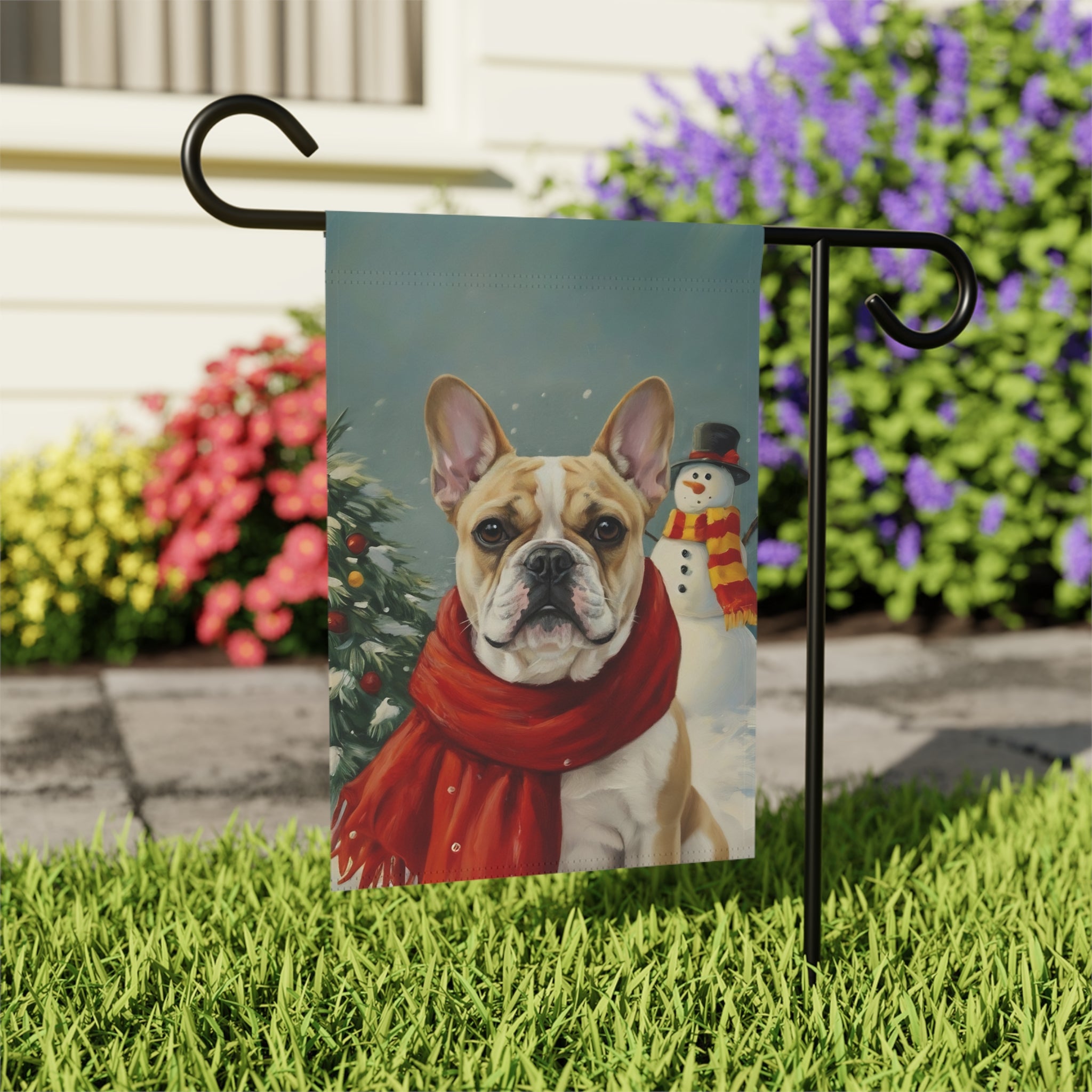 Red Scarf French Bulldog Christmas Garden Flag - close-up detail - Dragonfire Gardens