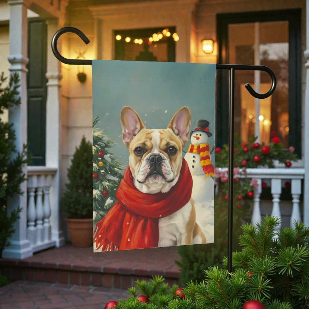 Red Scarf French Bulldog Christmas Garden Flag - outdoor display - Dragonfire Gardens