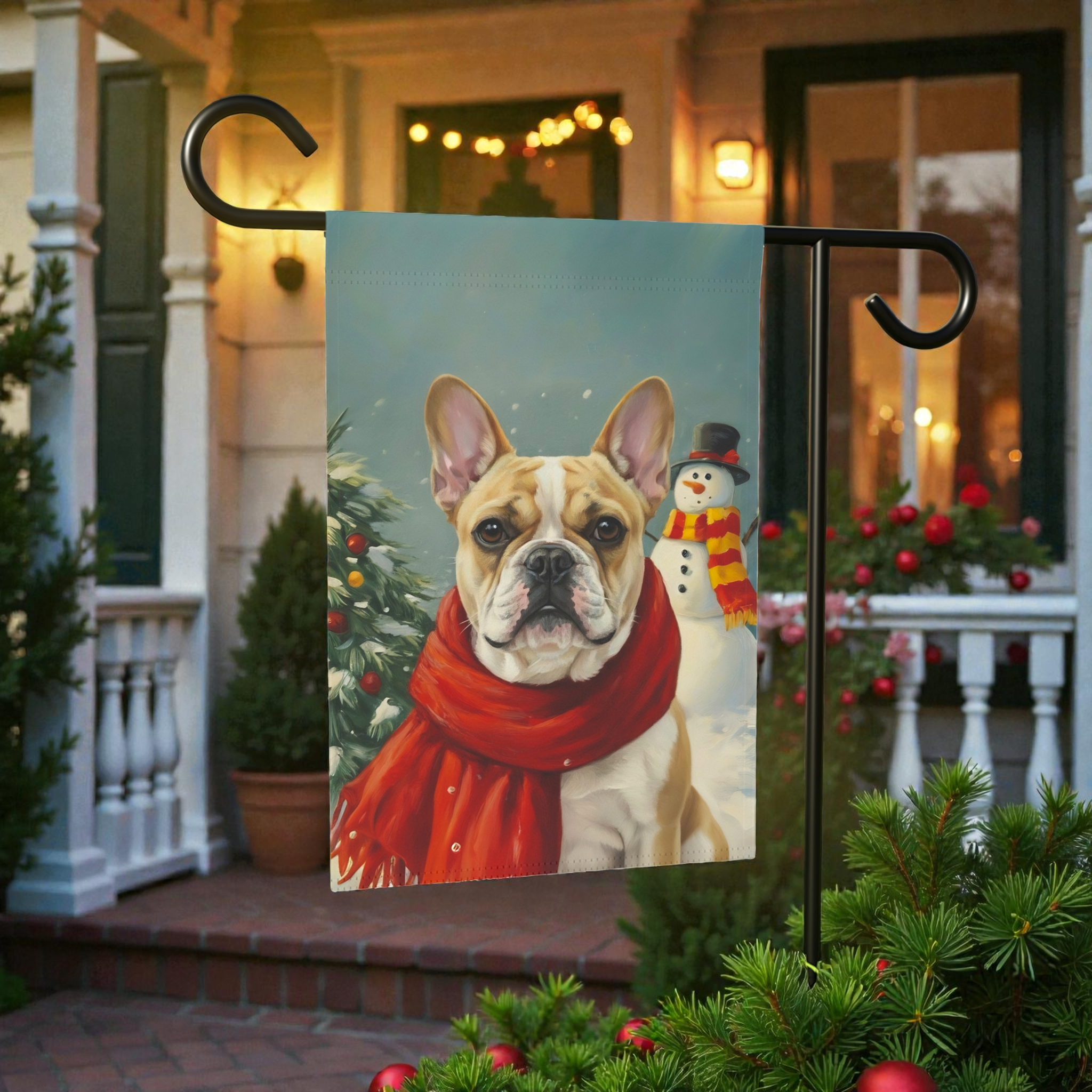 Red Scarf French Bulldog Christmas Garden Flag - outdoor display - Dragonfire Gardens