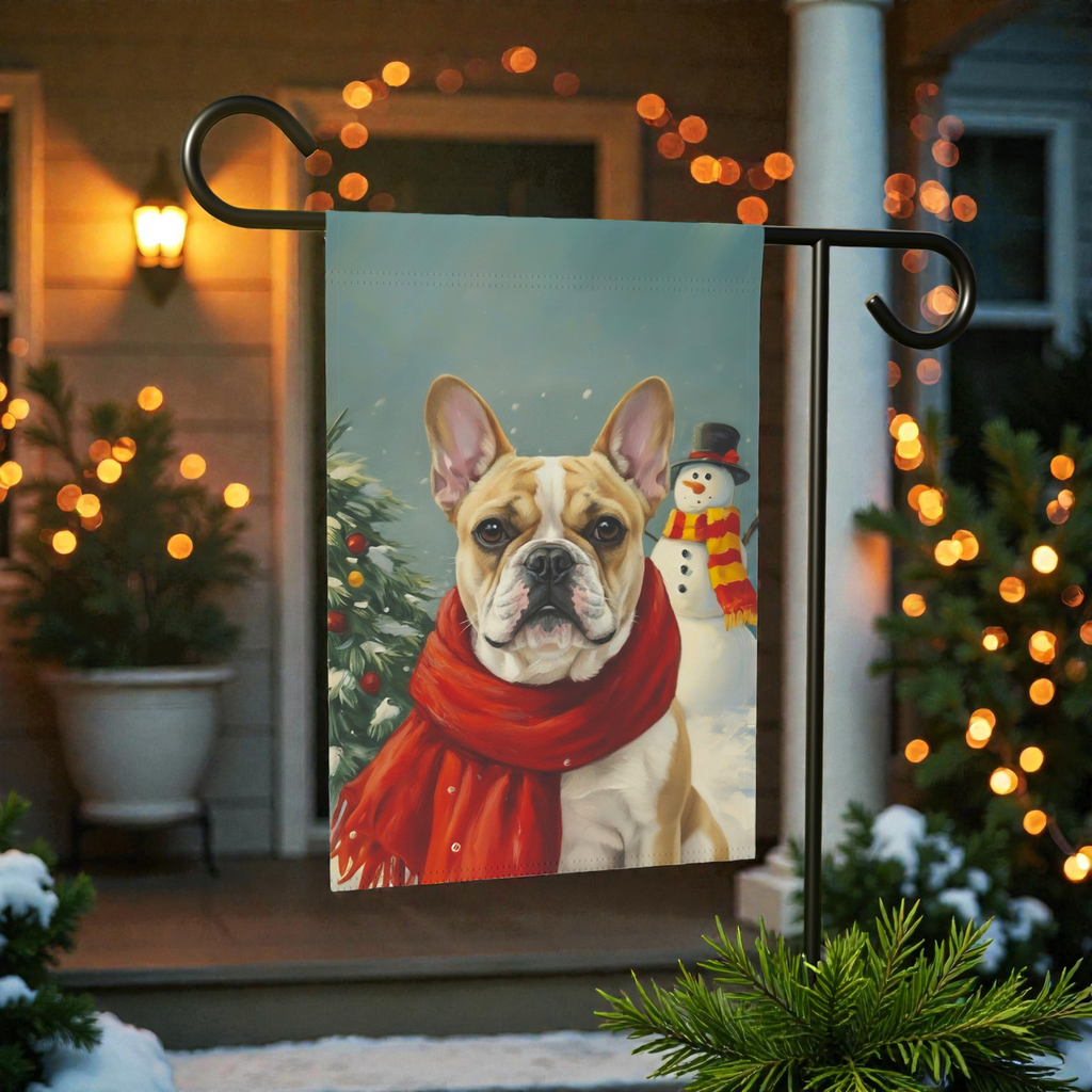 Red Scarf French Bulldog Christmas Garden Flag - front view - Dragonfire Gardens