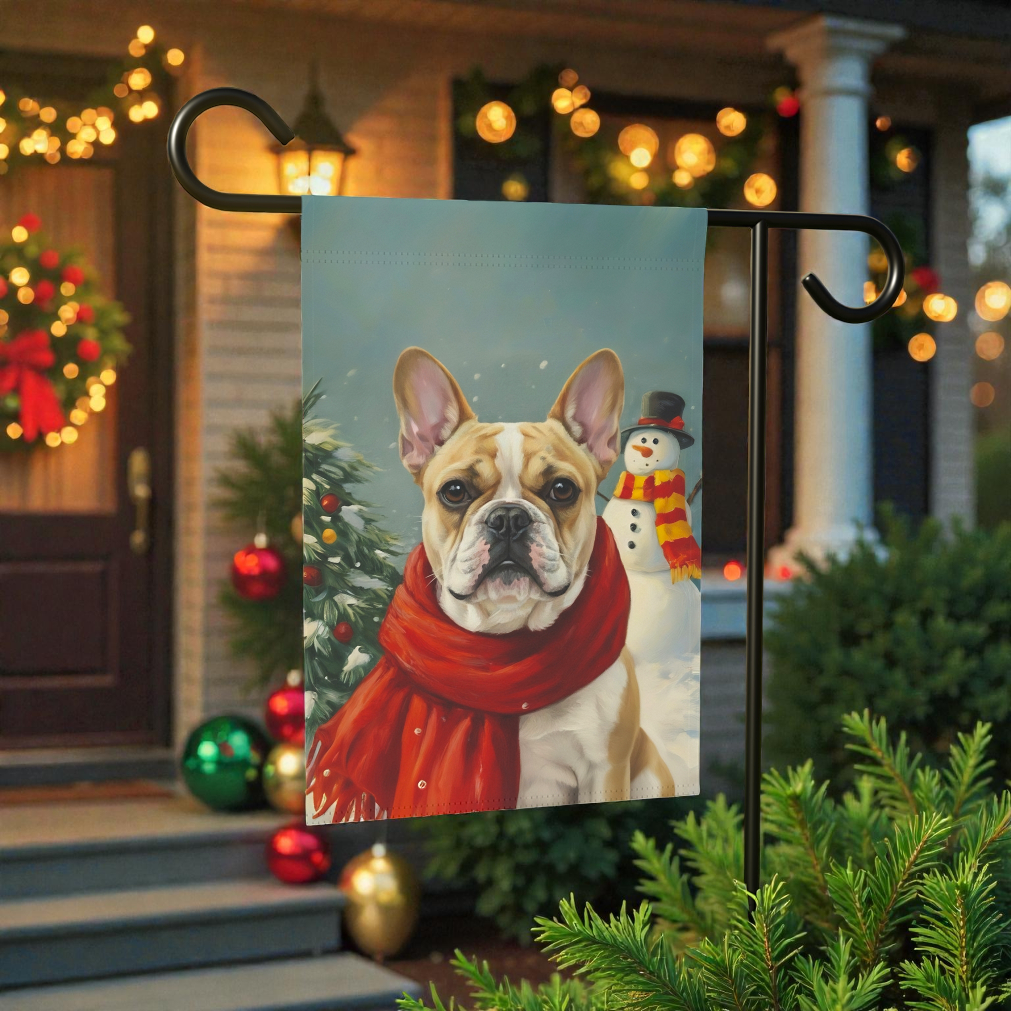 Red Scarf French Bulldog Christmas Garden Flag - lifestyle display - Dragonfire Gardens