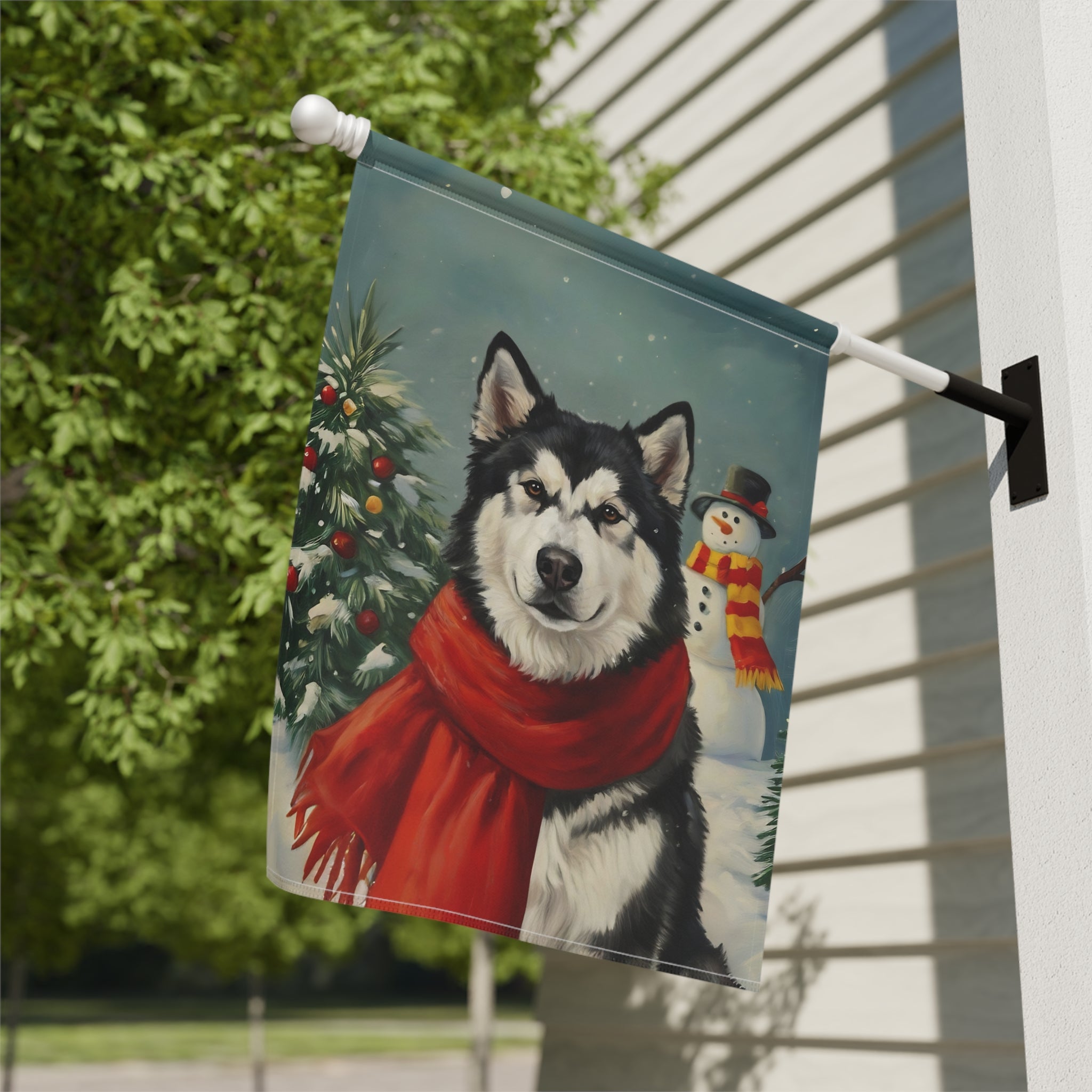 Red Scarf Alaskan Malamute Christmas Garden Flag - double-sided design - Dragonfire Gardens